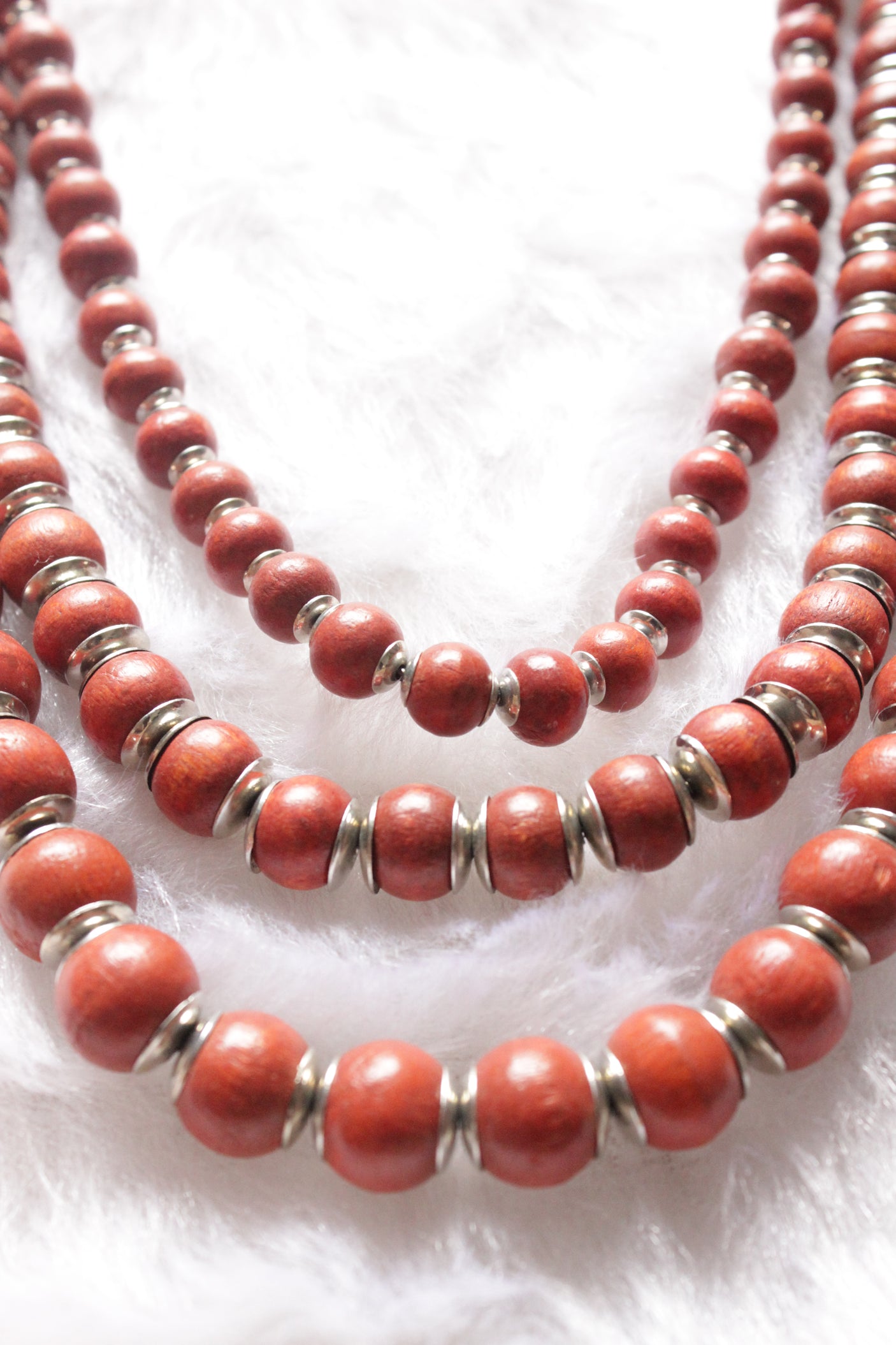 Rust Orange Wooden Beads Braided 3 Layer Necklace