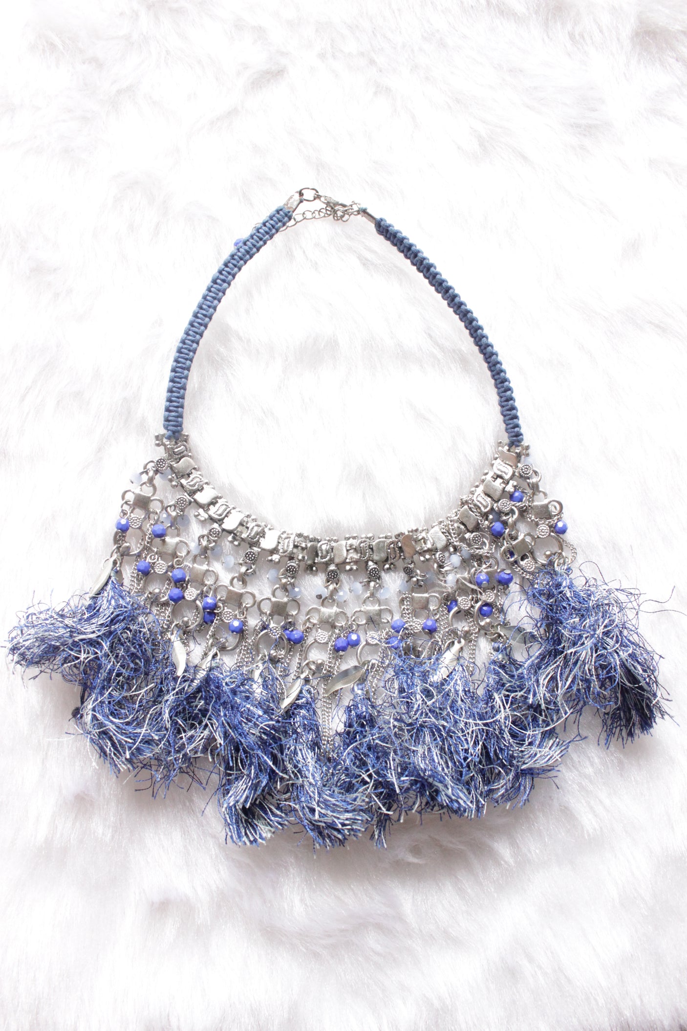 Blue Pom Poms Embellished Metal Choker Necklace