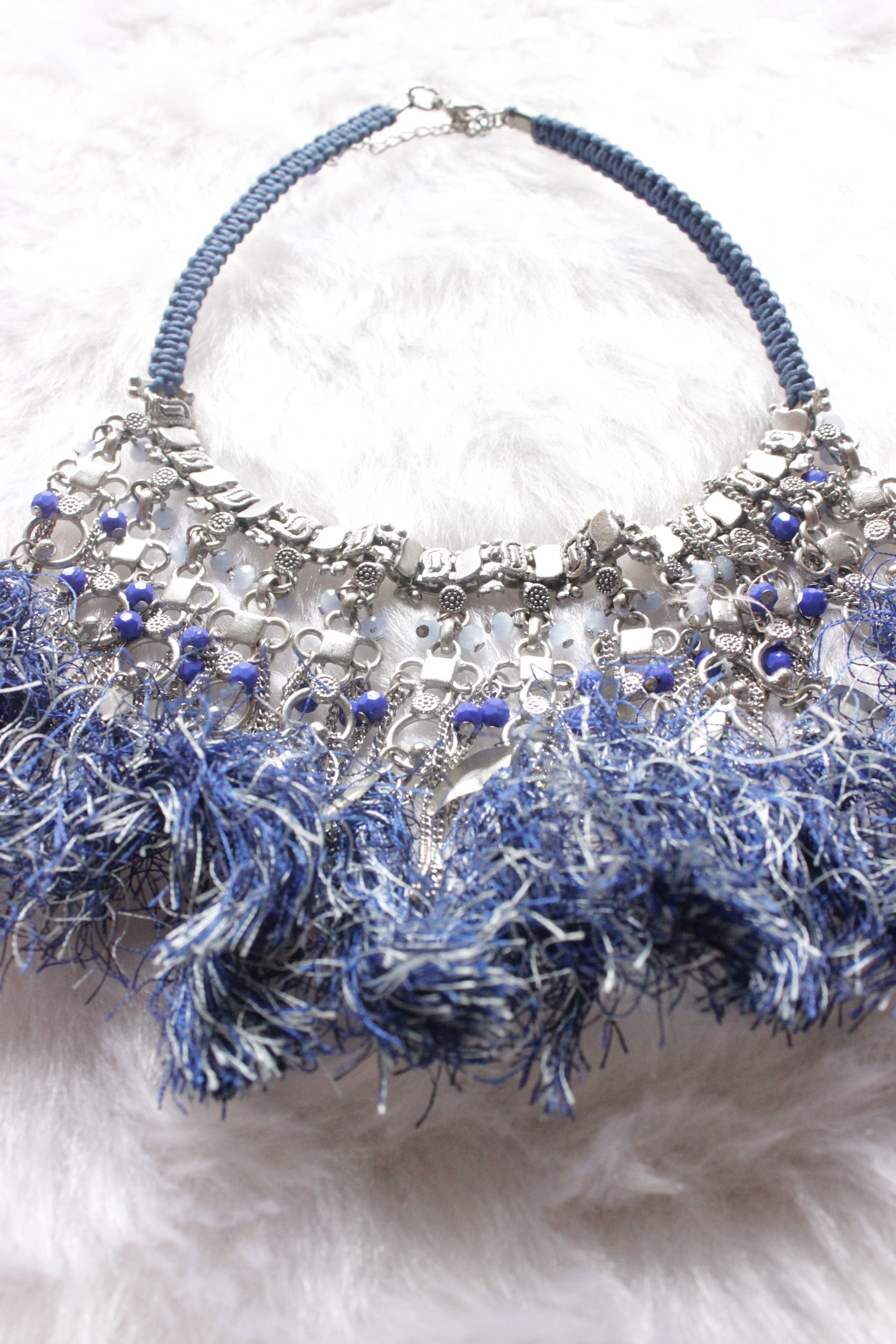 Blue Pom Poms Embellished Metal Choker Necklace