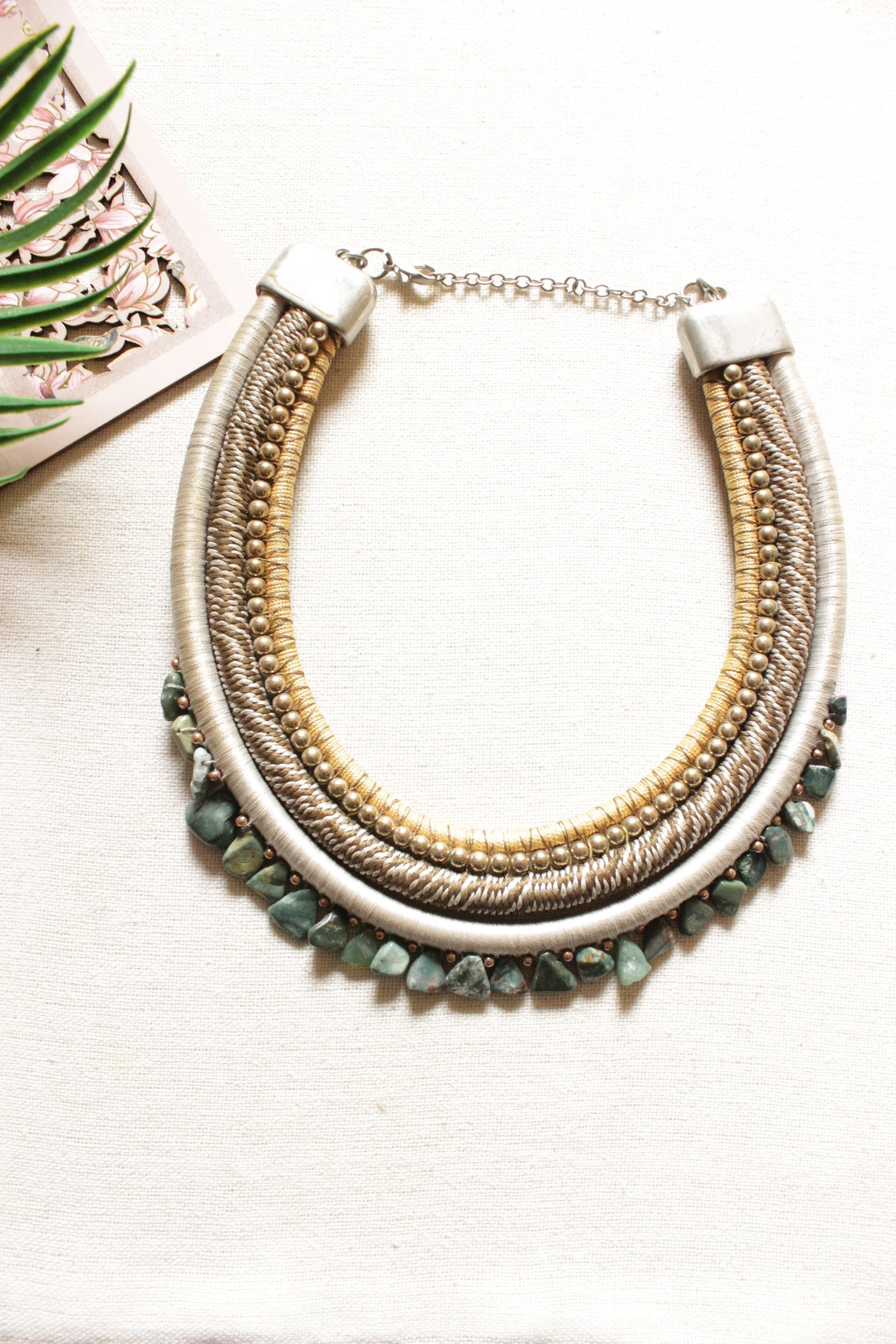 Braided Golden and Silver Threads and Sea Green Stones Handmade Boho Necklace