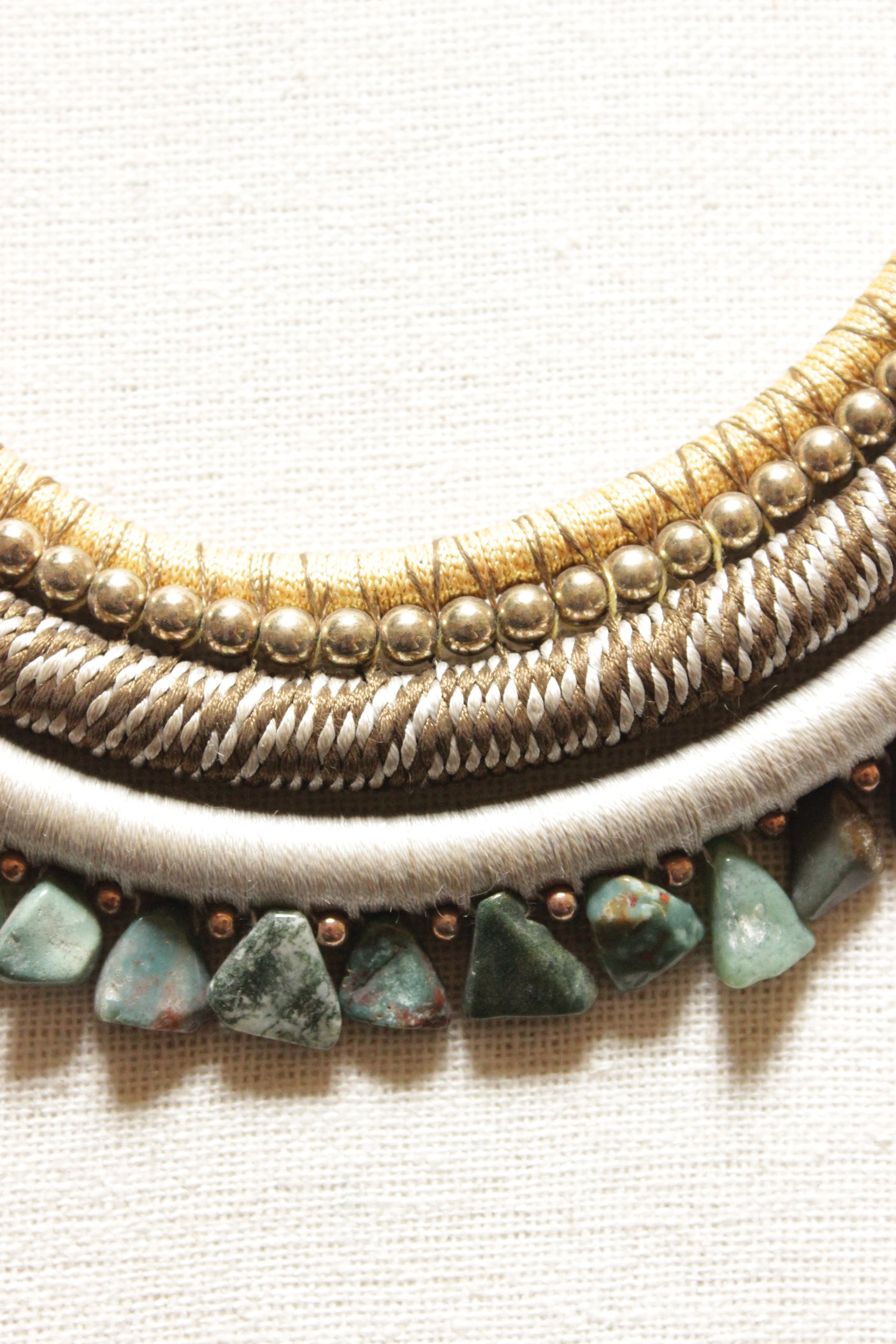 Braided Golden and Silver Threads and Sea Green Stones Handmade Boho Necklace