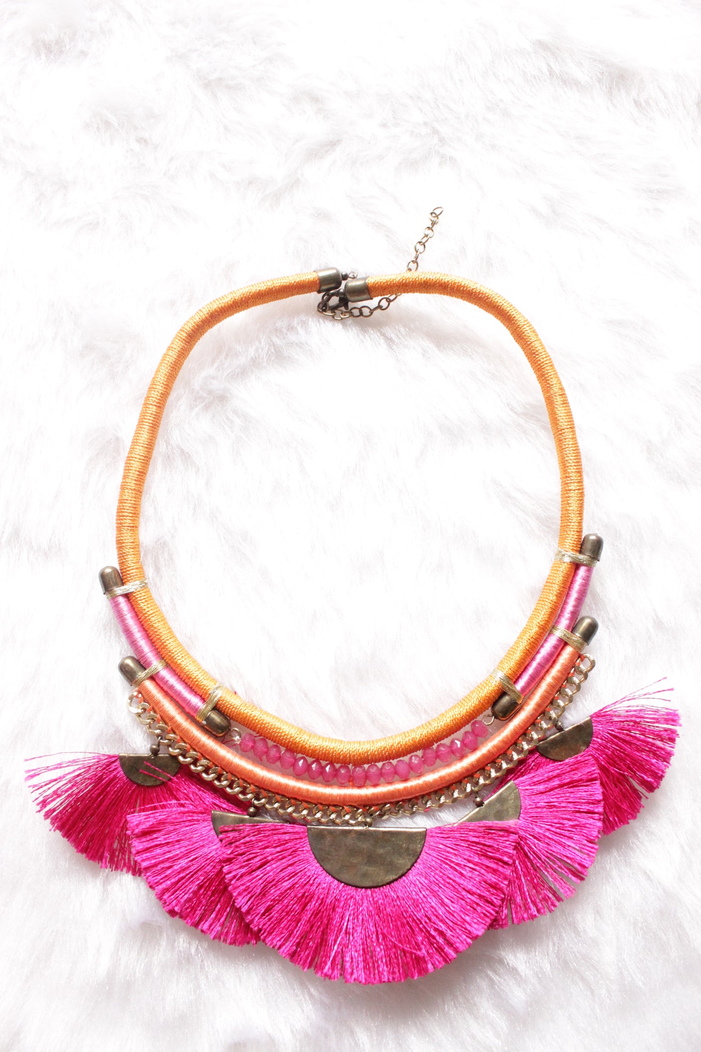 Pink Pom Poms Embellished Hand Braided Threads Metal Choker