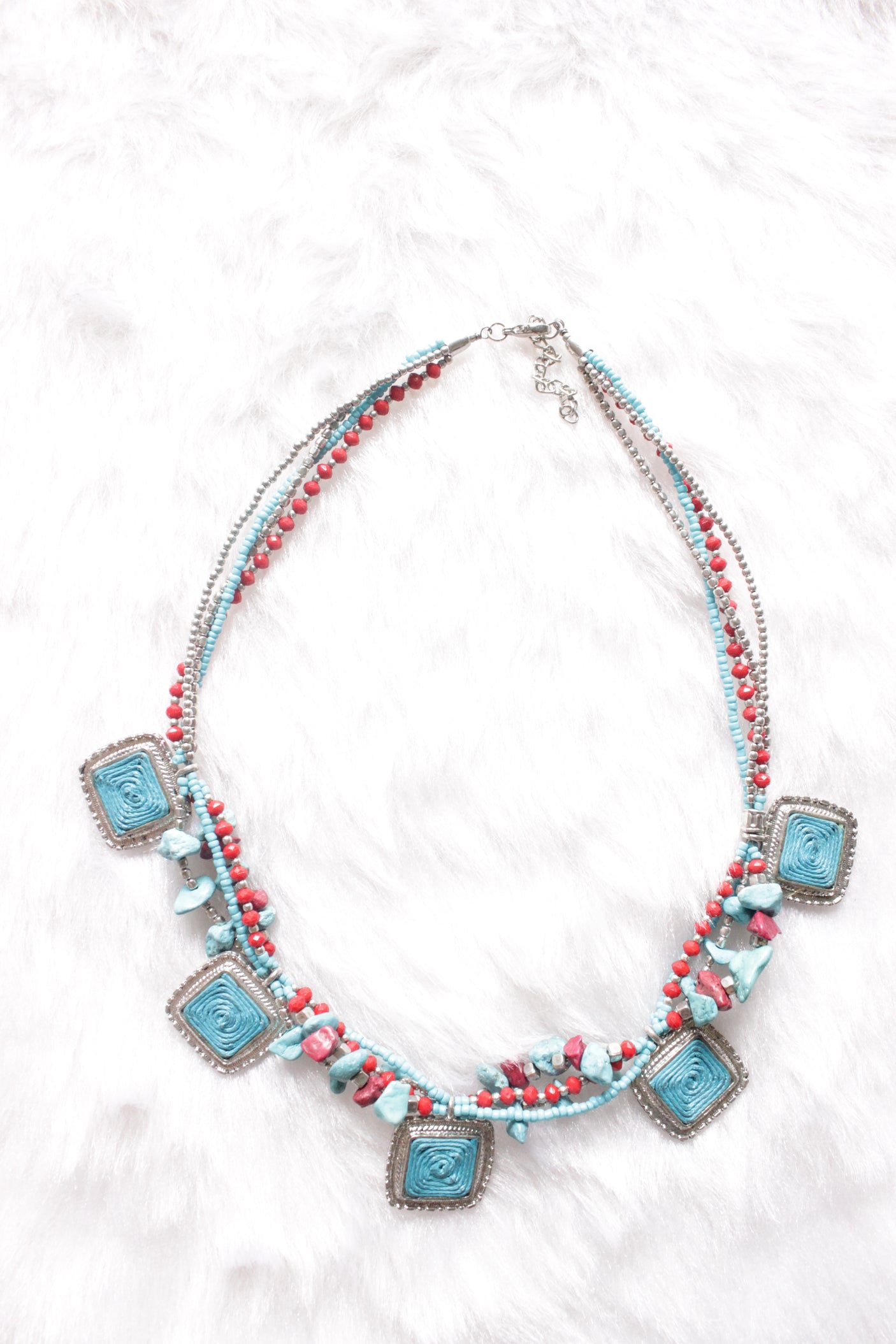 Hand Braided Turquoise and Red Multi-Layer Choker Necklace