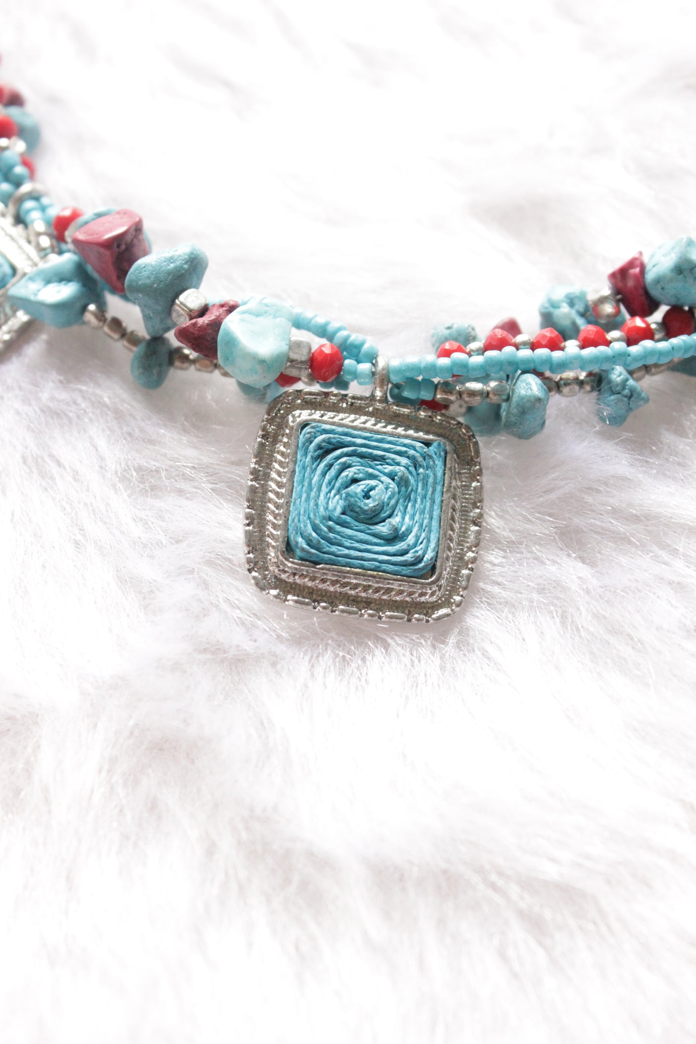 Hand Braided Turquoise and Red Multi-Layer Choker Necklace