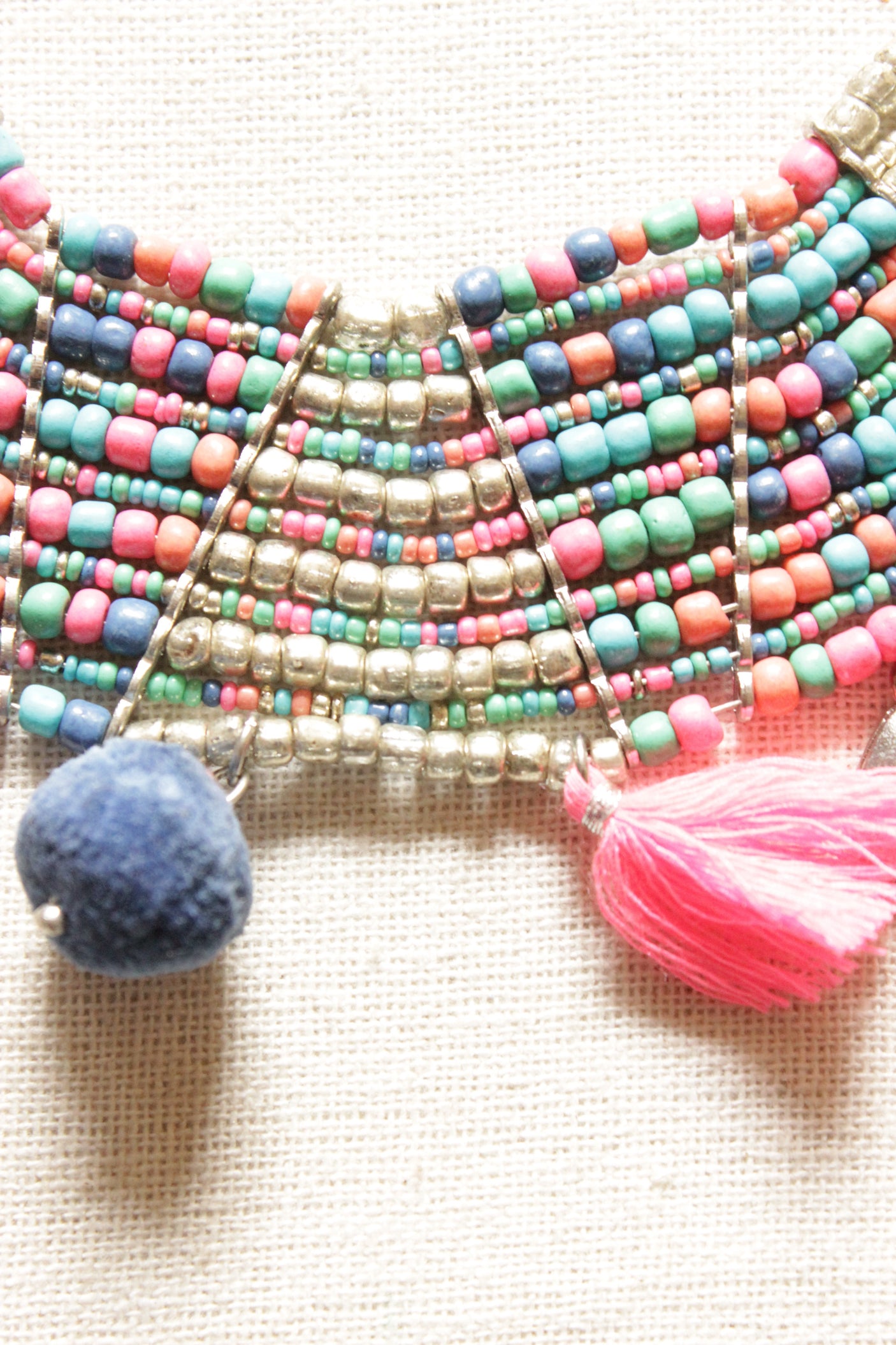 Vibrant Pink, Blue and Silver Beads Handmade Necklace Embellished with Pom Poms and Shells