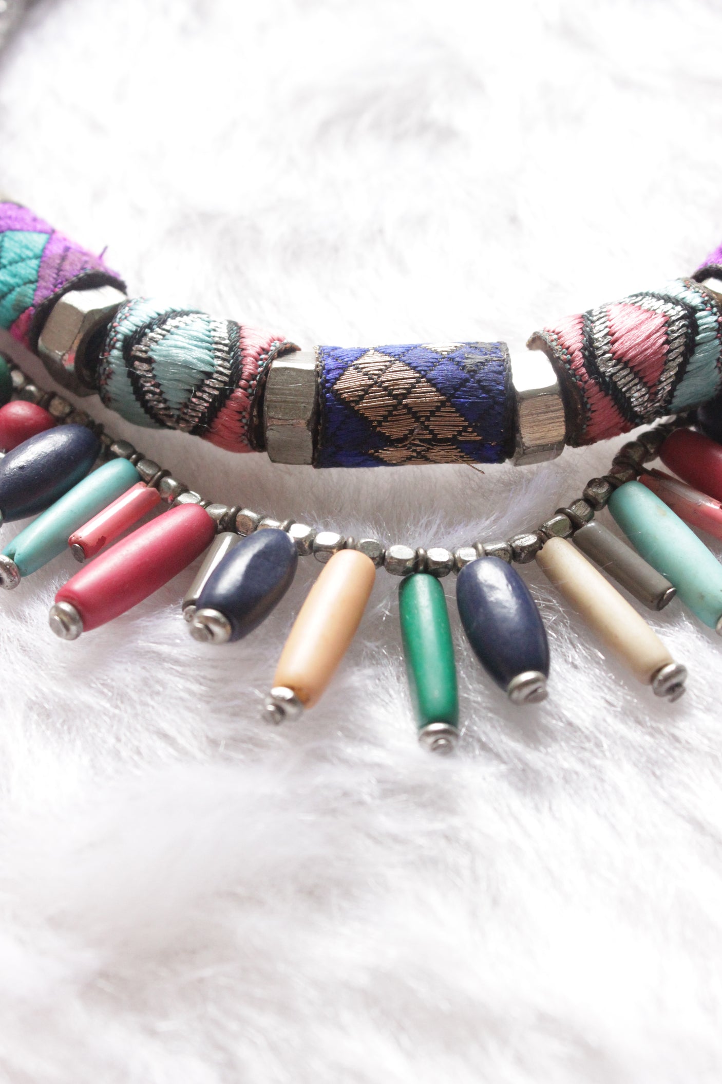 Hand Embroidered Fabric and Wooden Beads 2 Layer Choker Necklace