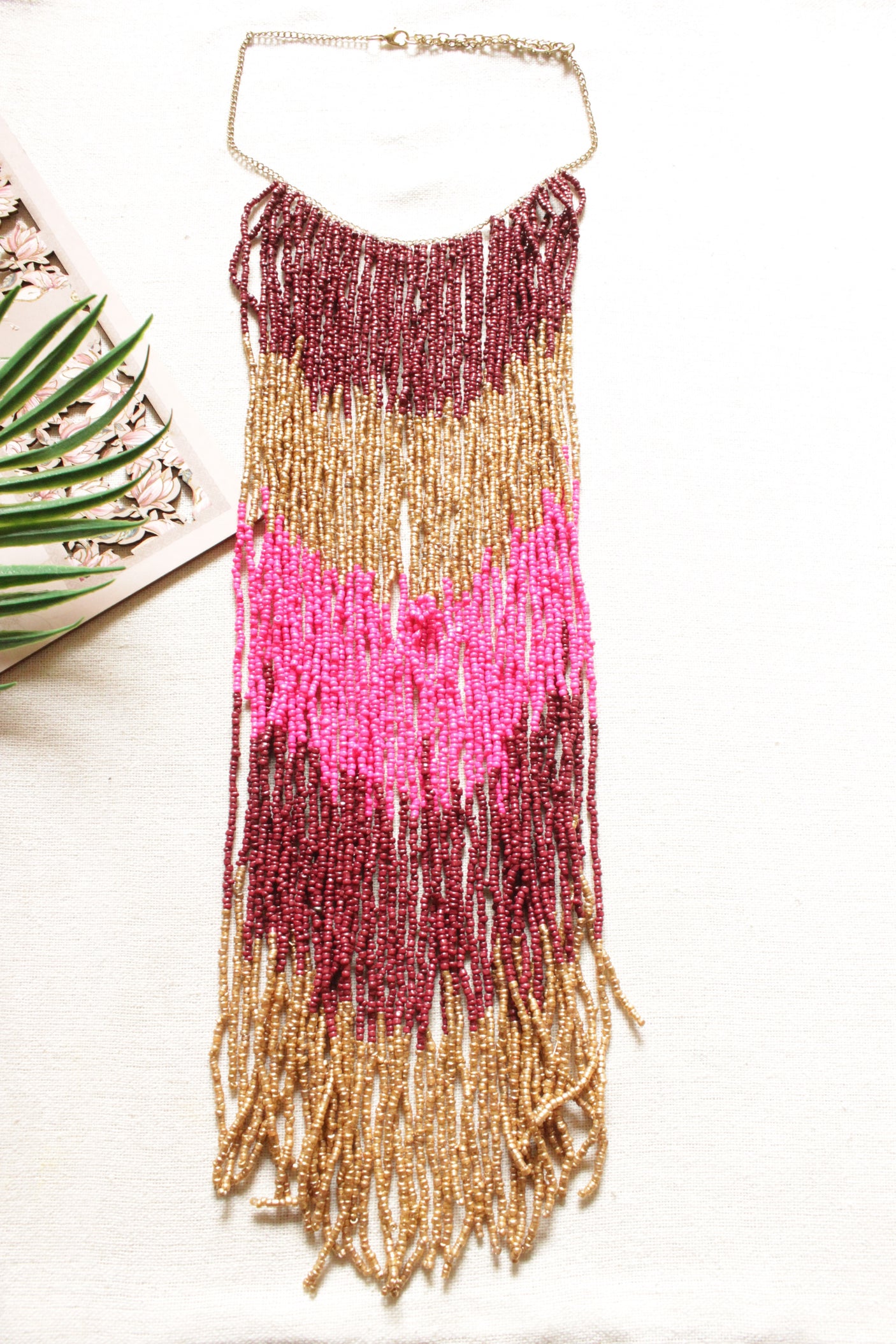 Maroon, Pink and Gold Beads Hand Braided Long Multi-Layer Choker Necklace