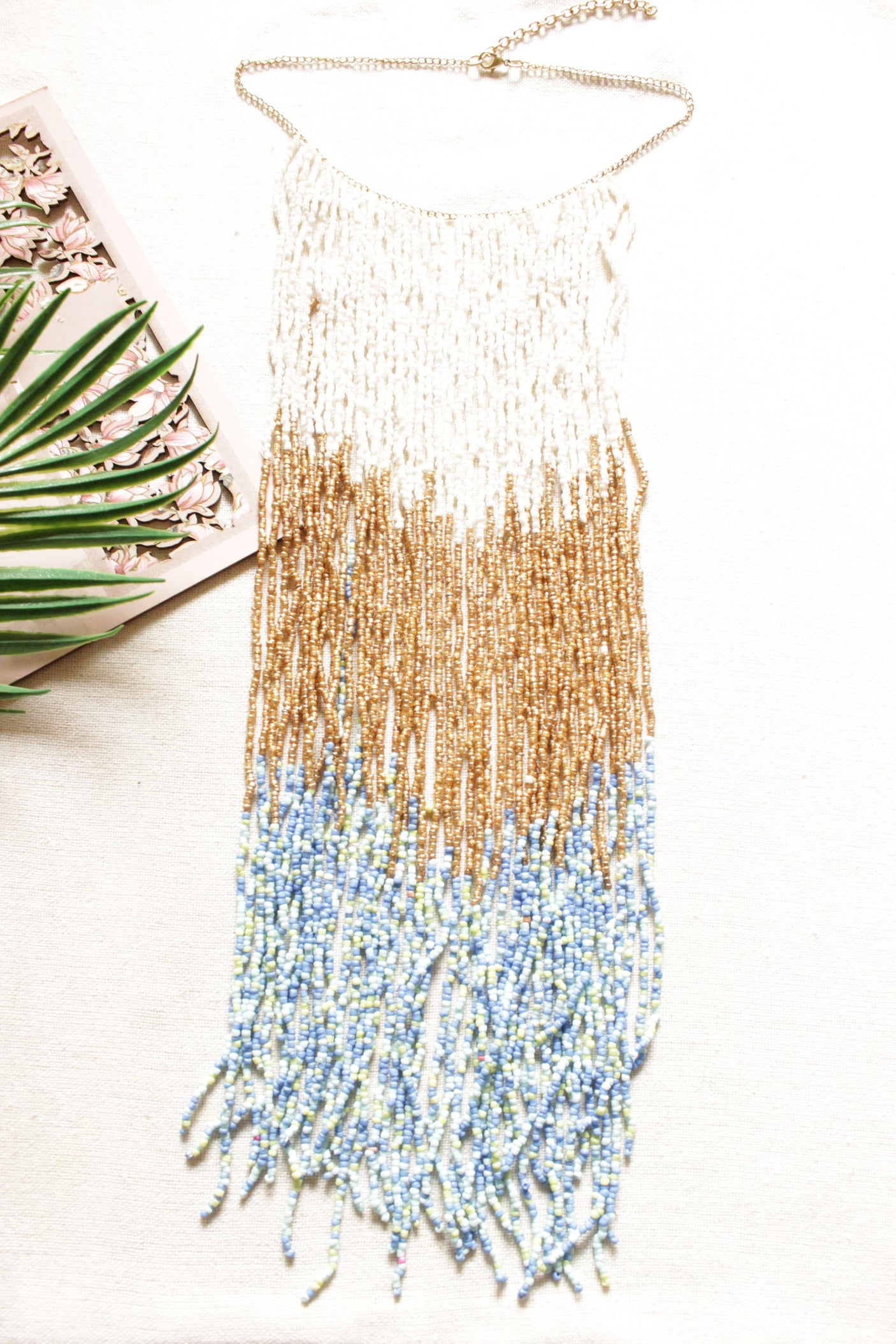 White, Gold and Blue Beads Hand Braided Long Multi-Layer Choker Necklace