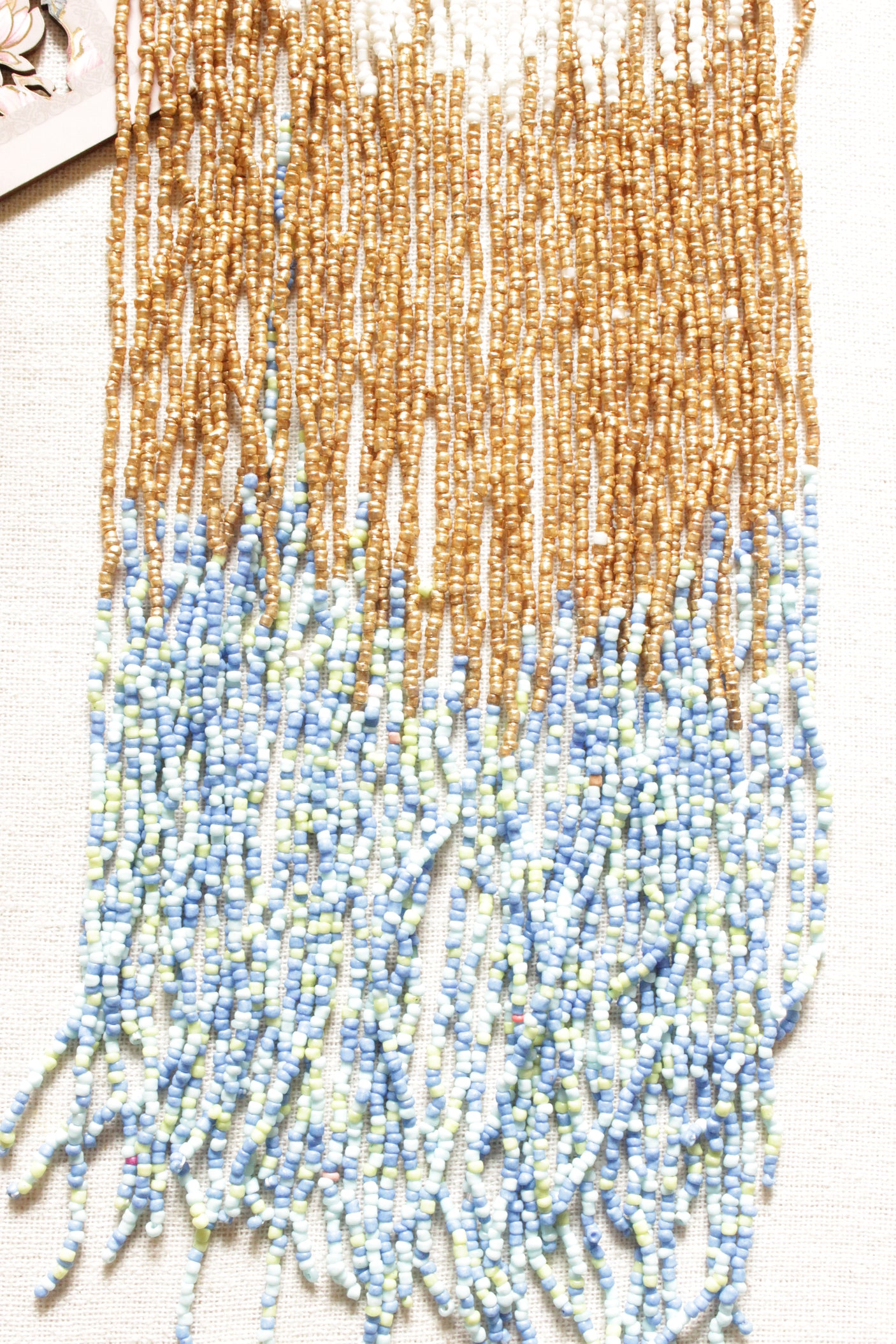 White, Gold and Blue Beads Hand Braided Long Multi-Layer Choker Necklace