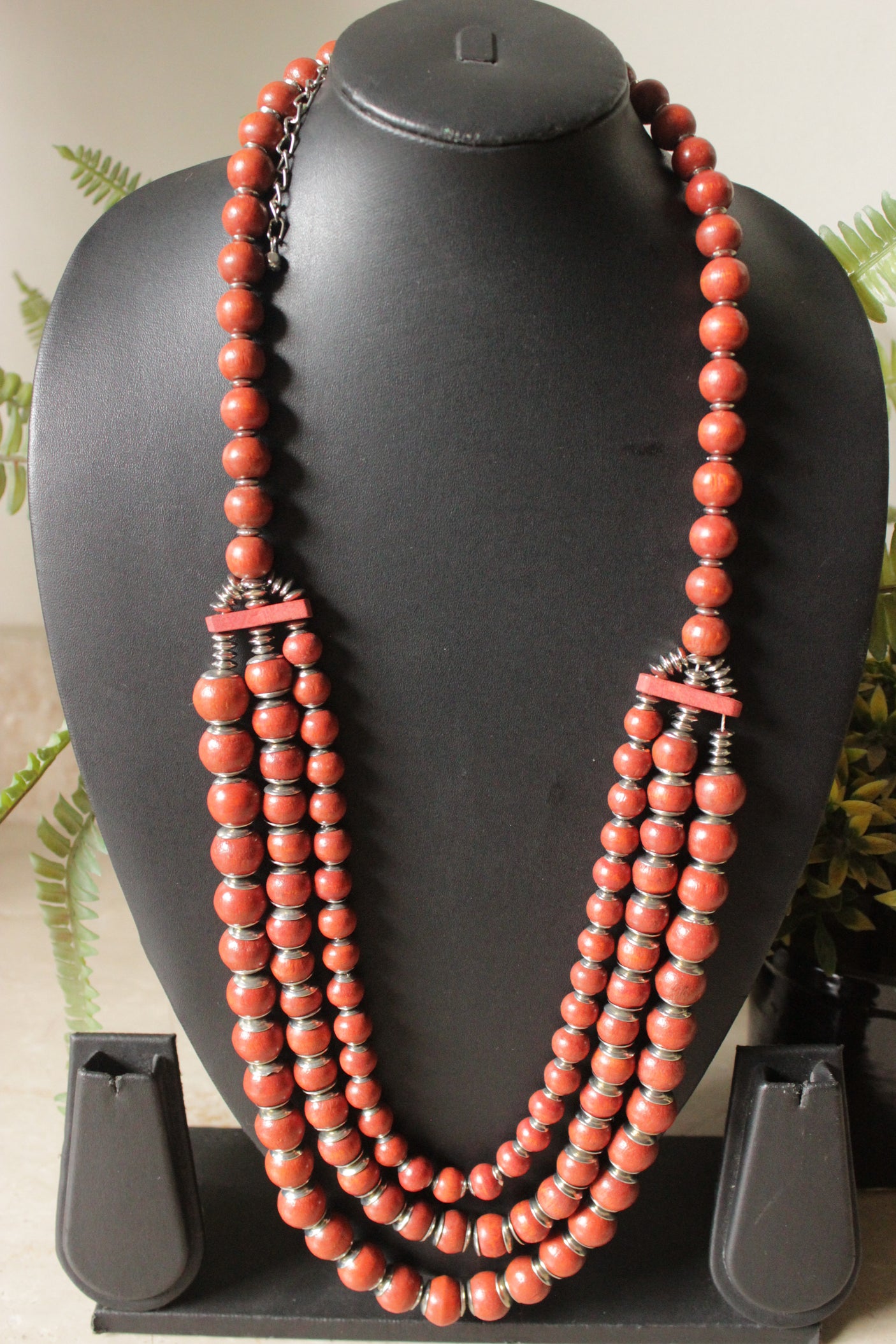 Rust Orange Wooden Beads Braided 3 Layer Necklace