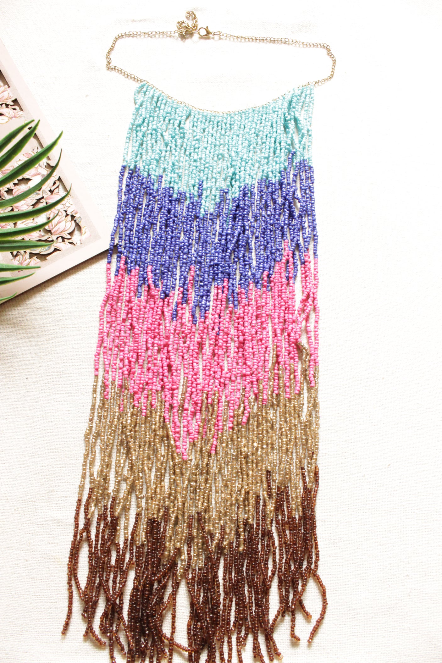 Shades of Blue, Pink and Gold Beads Hand Braided Long Multi-Layer Choker Necklace