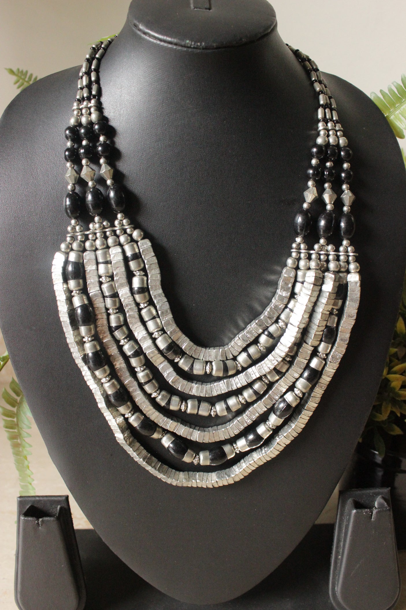 Silver and Black Braided Metal Beads Chain Necklace