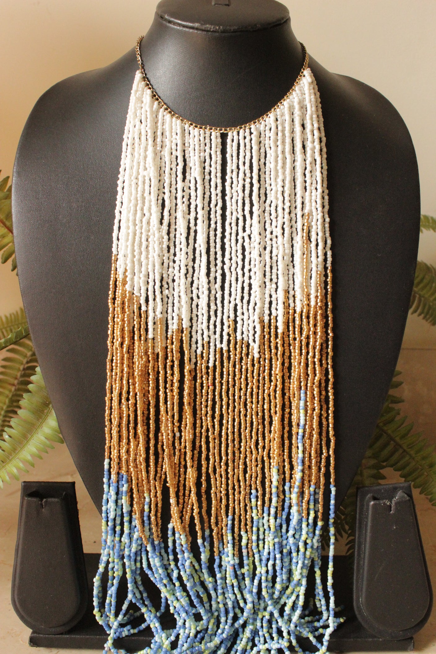 White, Gold and Blue Beads Hand Braided Long Multi-Layer Choker Necklace