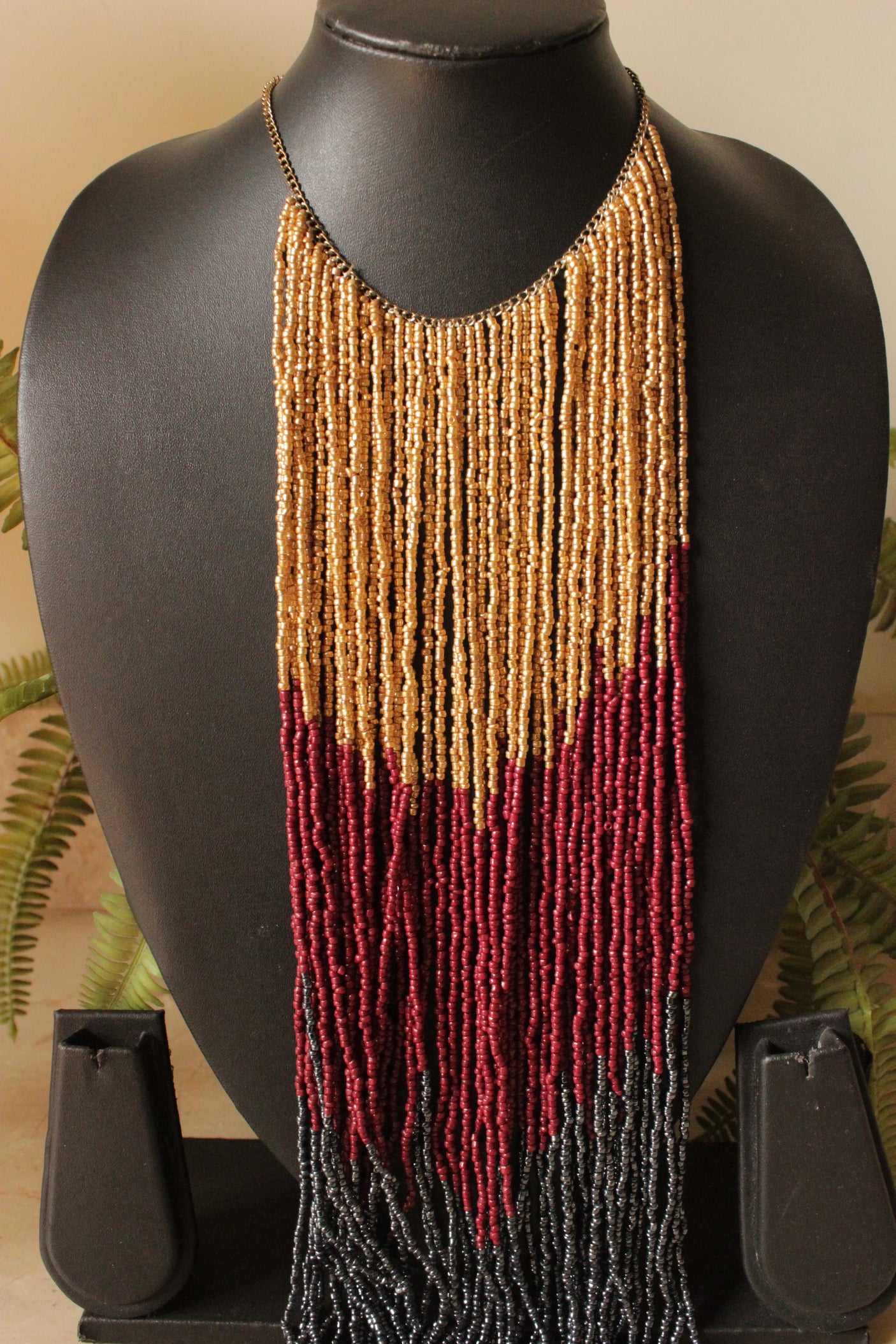 Gold, Red and Black Beads Hand Braided Long Multi-Layer Choker Necklace