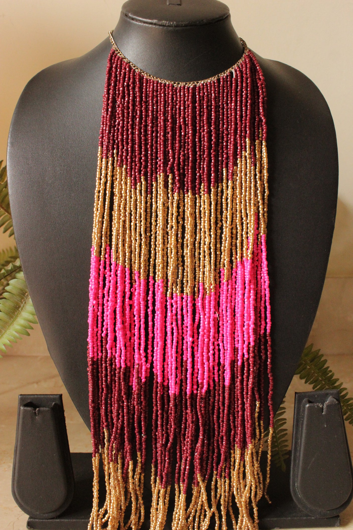 Maroon, Pink and Gold Beads Hand Braided Long Multi-Layer Choker Necklace