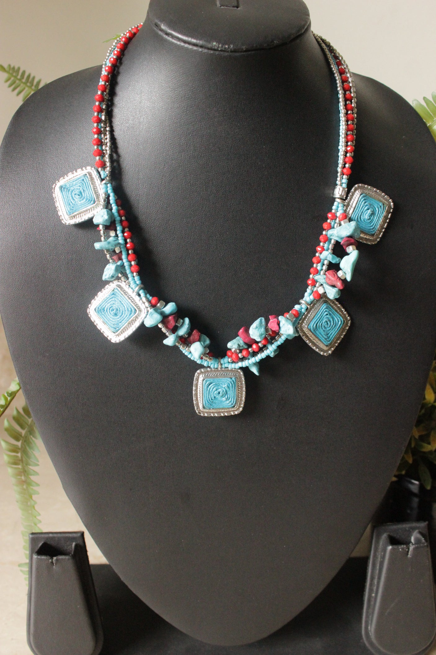 Hand Braided Turquoise and Red Multi-Layer Choker Necklace