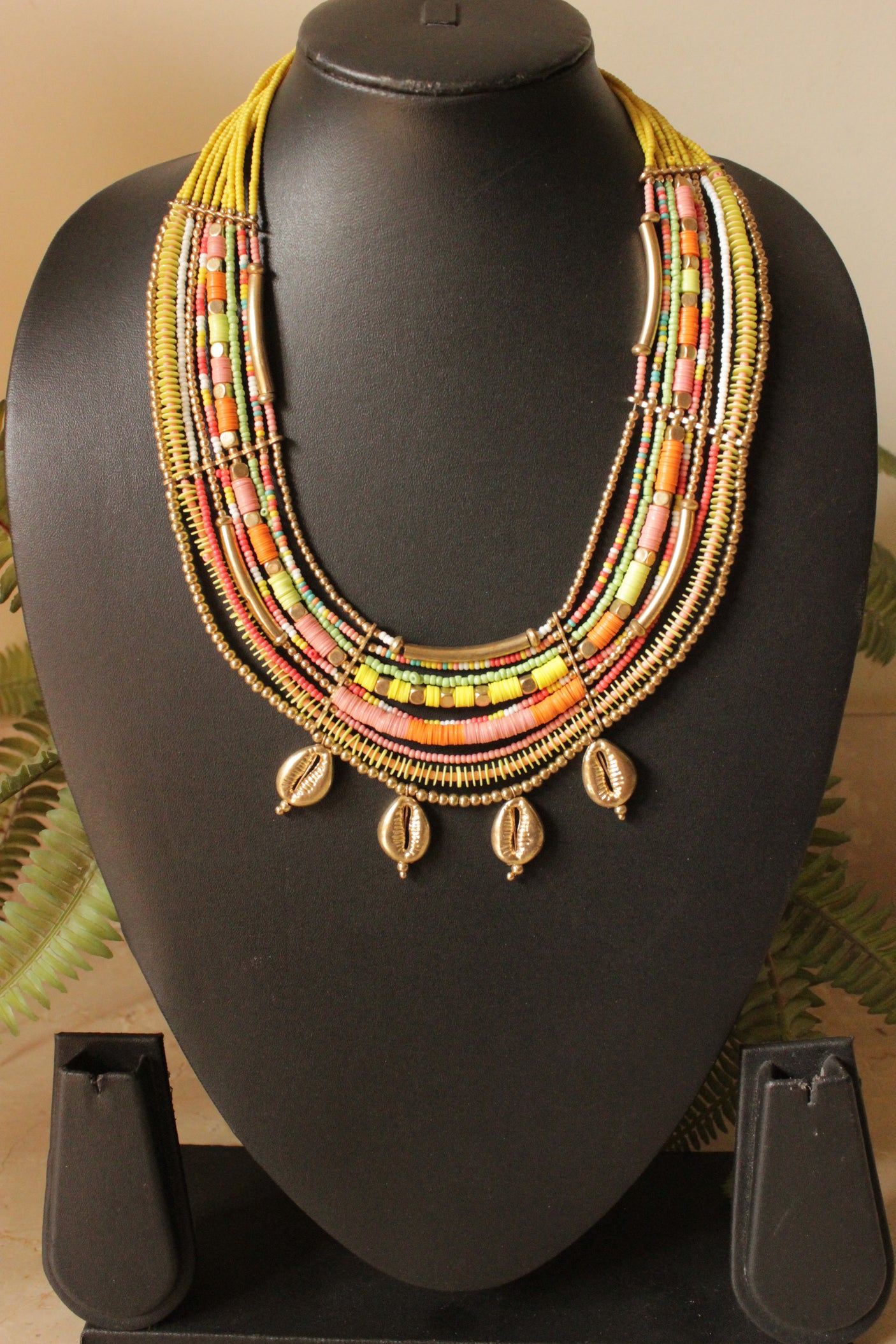 Vibrant Orange and Yellow Braided Threads and Metal Shells Handmade Boho Necklace