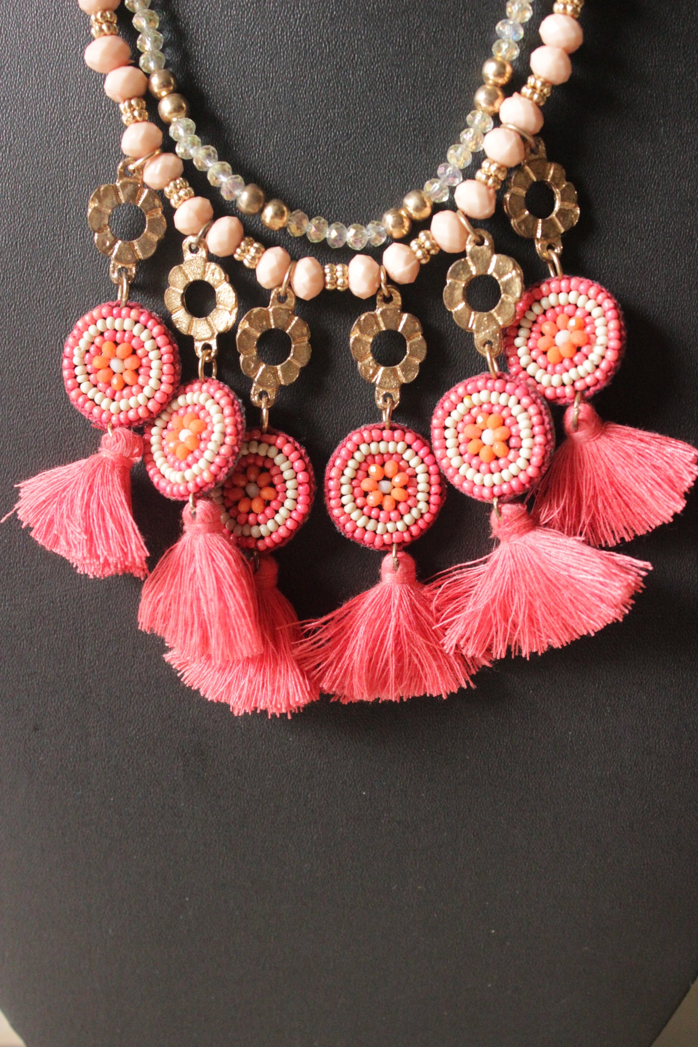 Hand Braided Pink & Orange Beads Long Necklace