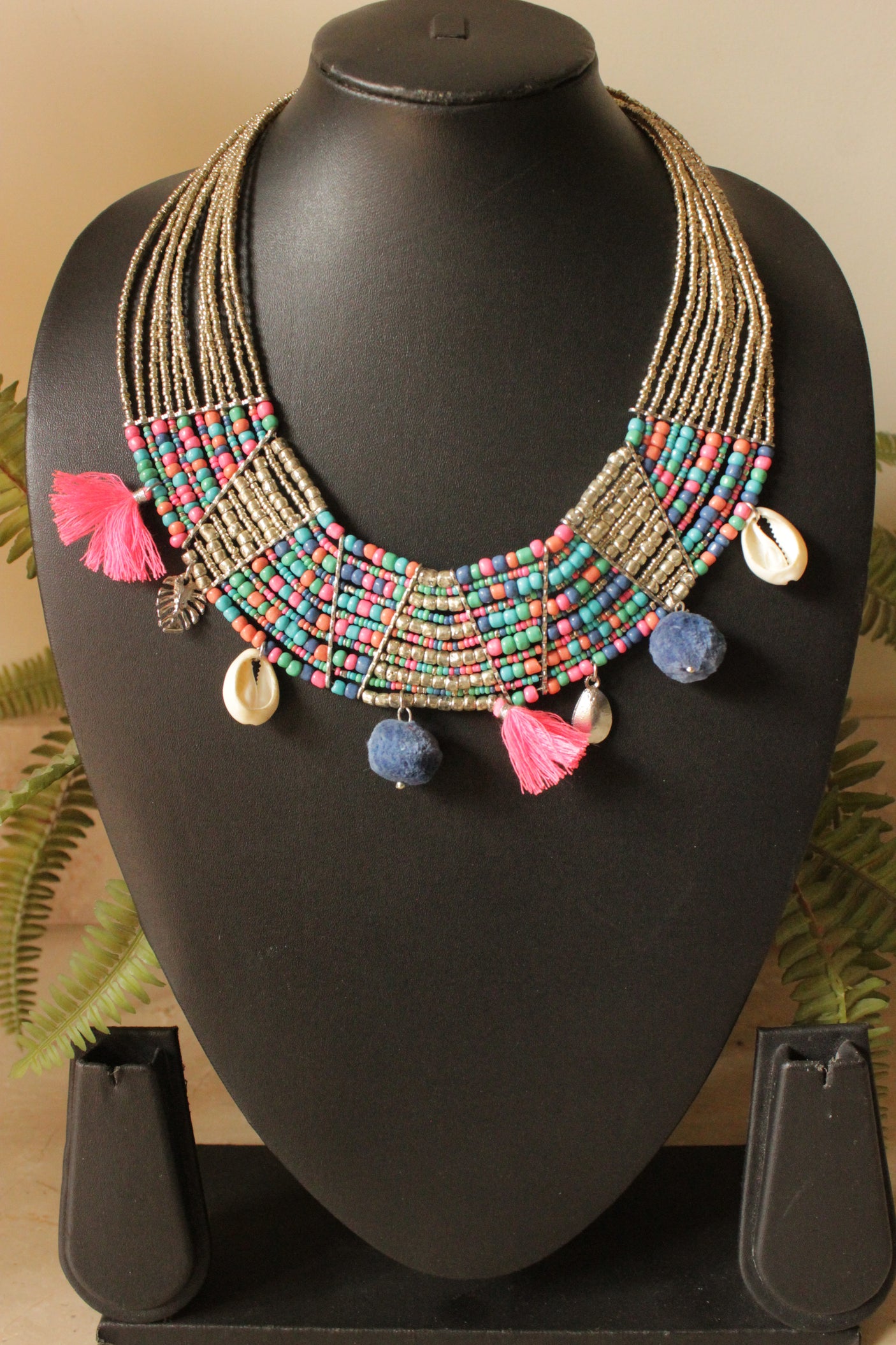 Vibrant Pink, Blue and Silver Beads Handmade Necklace Embellished with Pom Poms and Shells