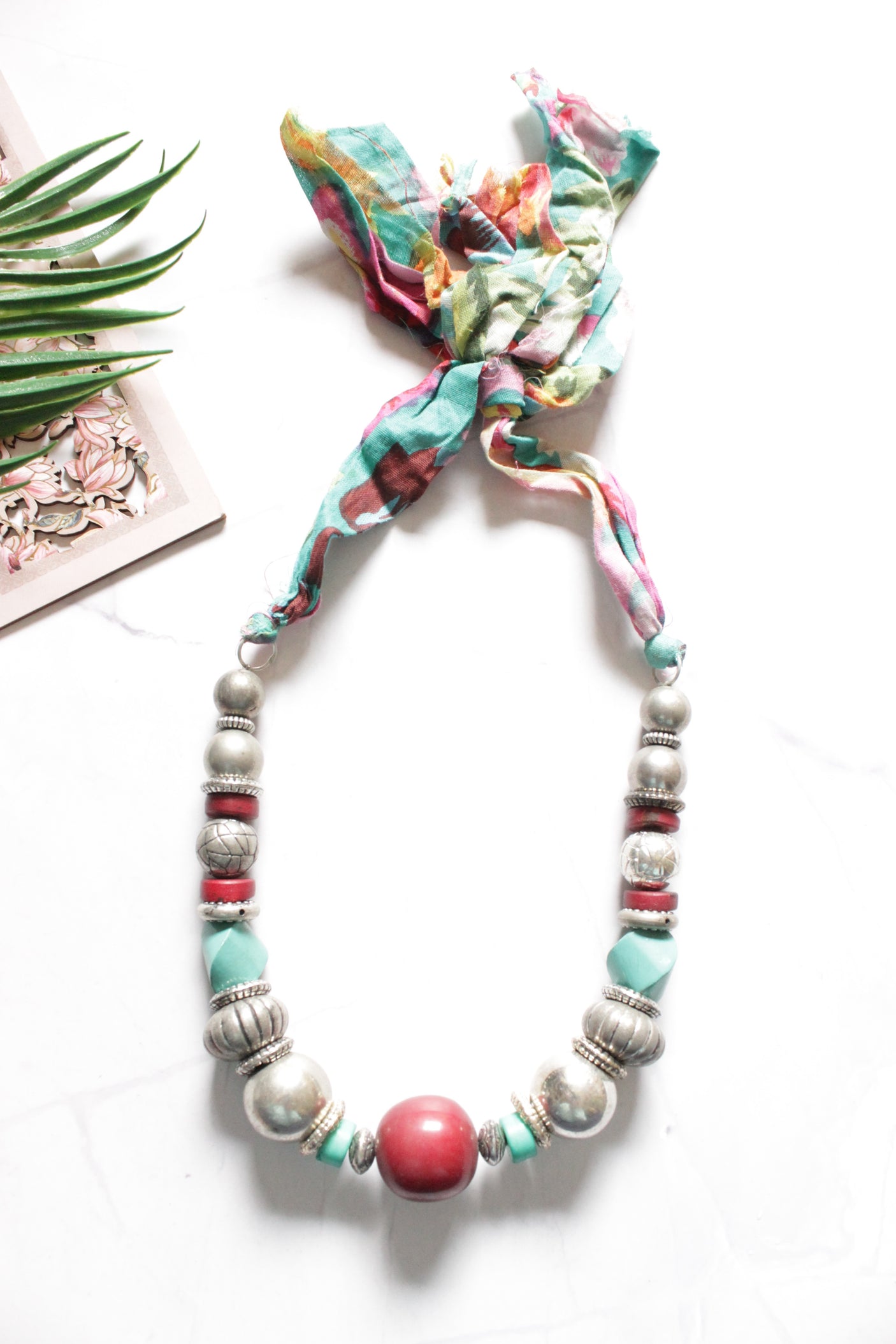 Silver Finish Metal and Wooden Circular Beads Vibrant Fabric Closure Necklace