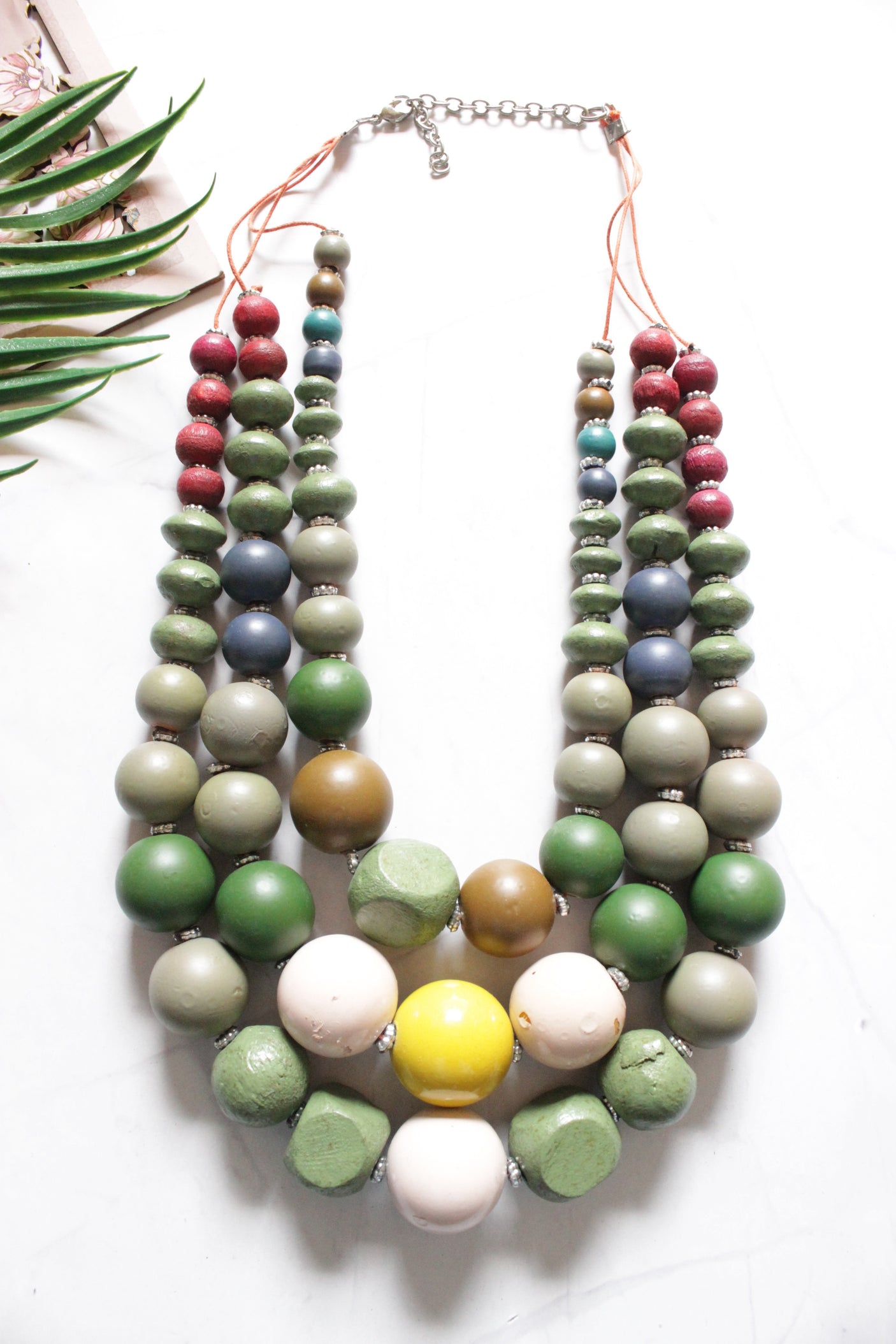 Multi-Color Earthy Tones Wooden Beads 3-Layer Necklace