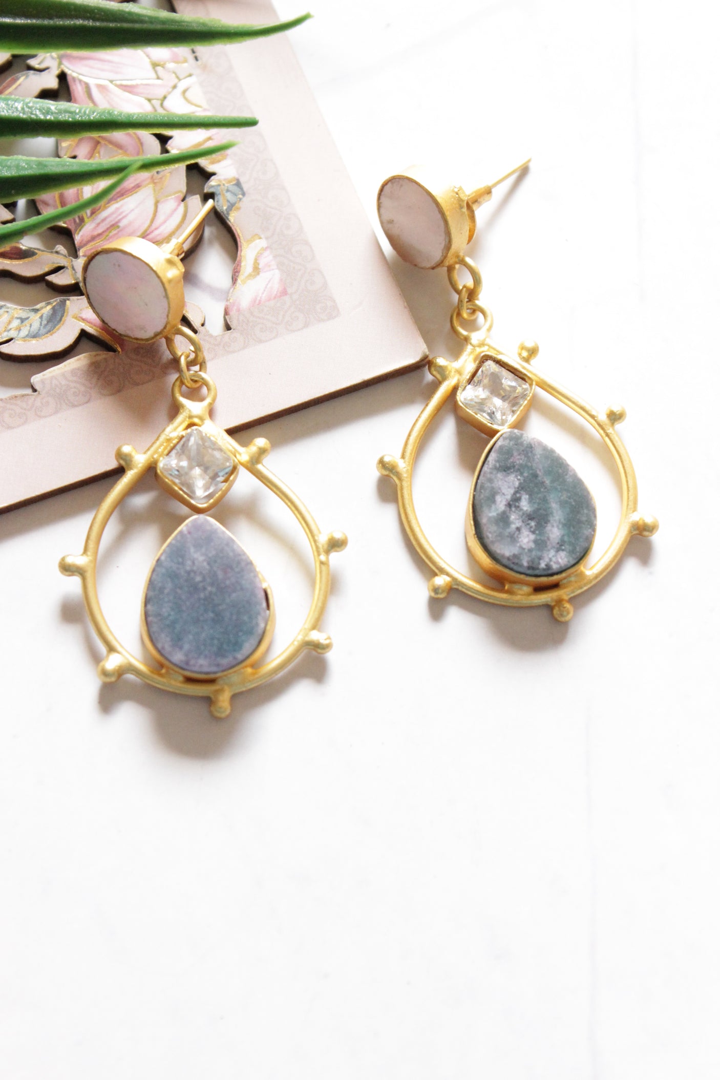 Natural Gemstones Embedded Gold Toned Brass Earrings