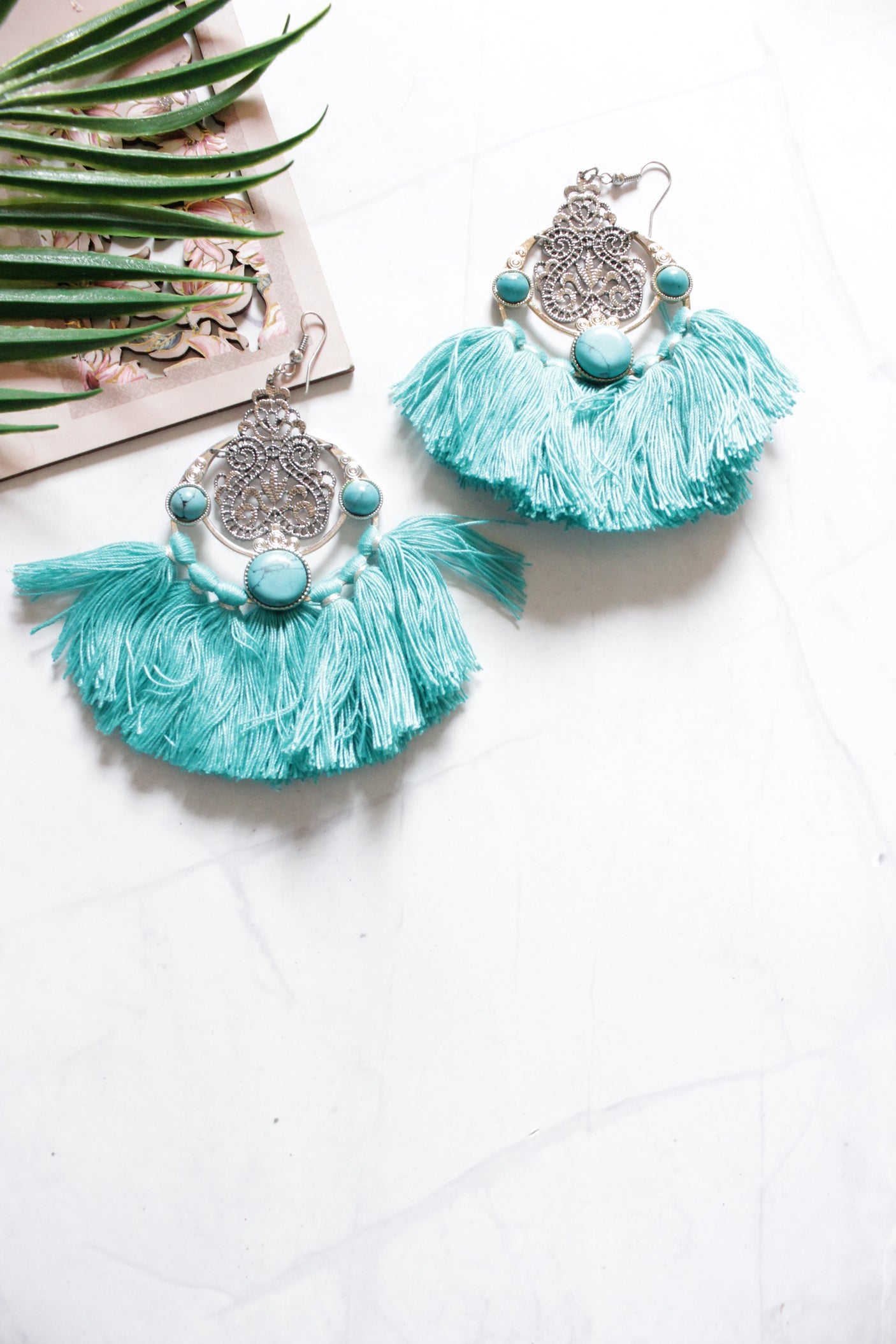 Metal and Blue Fabric Threads Elaborate Earrings