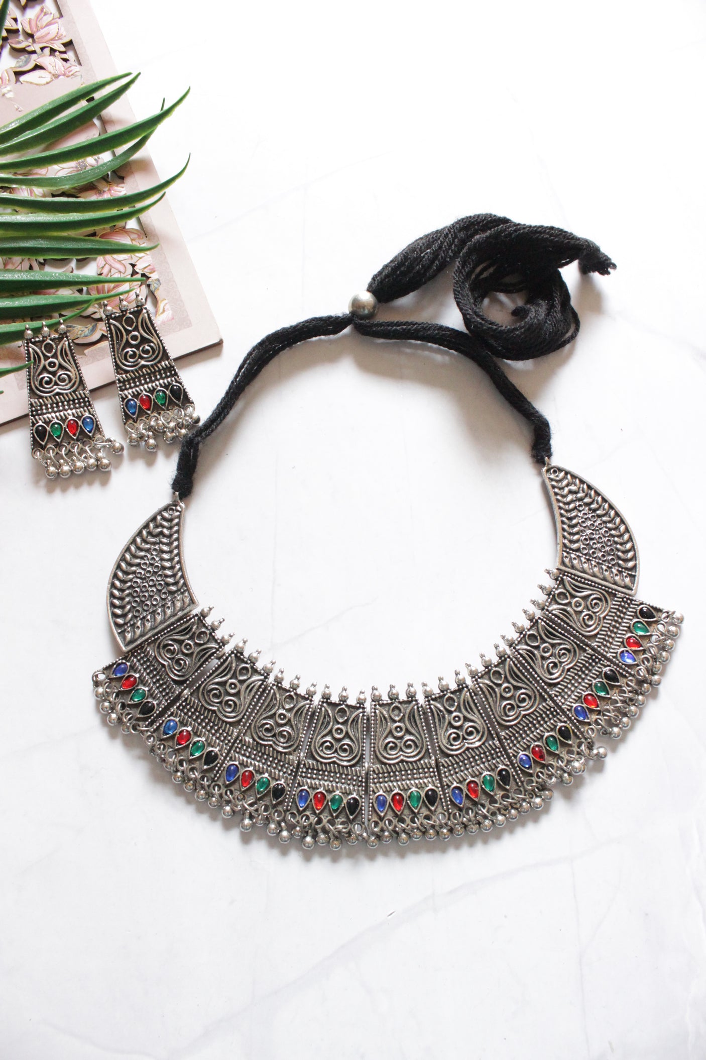 Oxidised Silver Finish Intricately Detailed Glass Stones Embedded Adjustable Length Choker Necklace Set