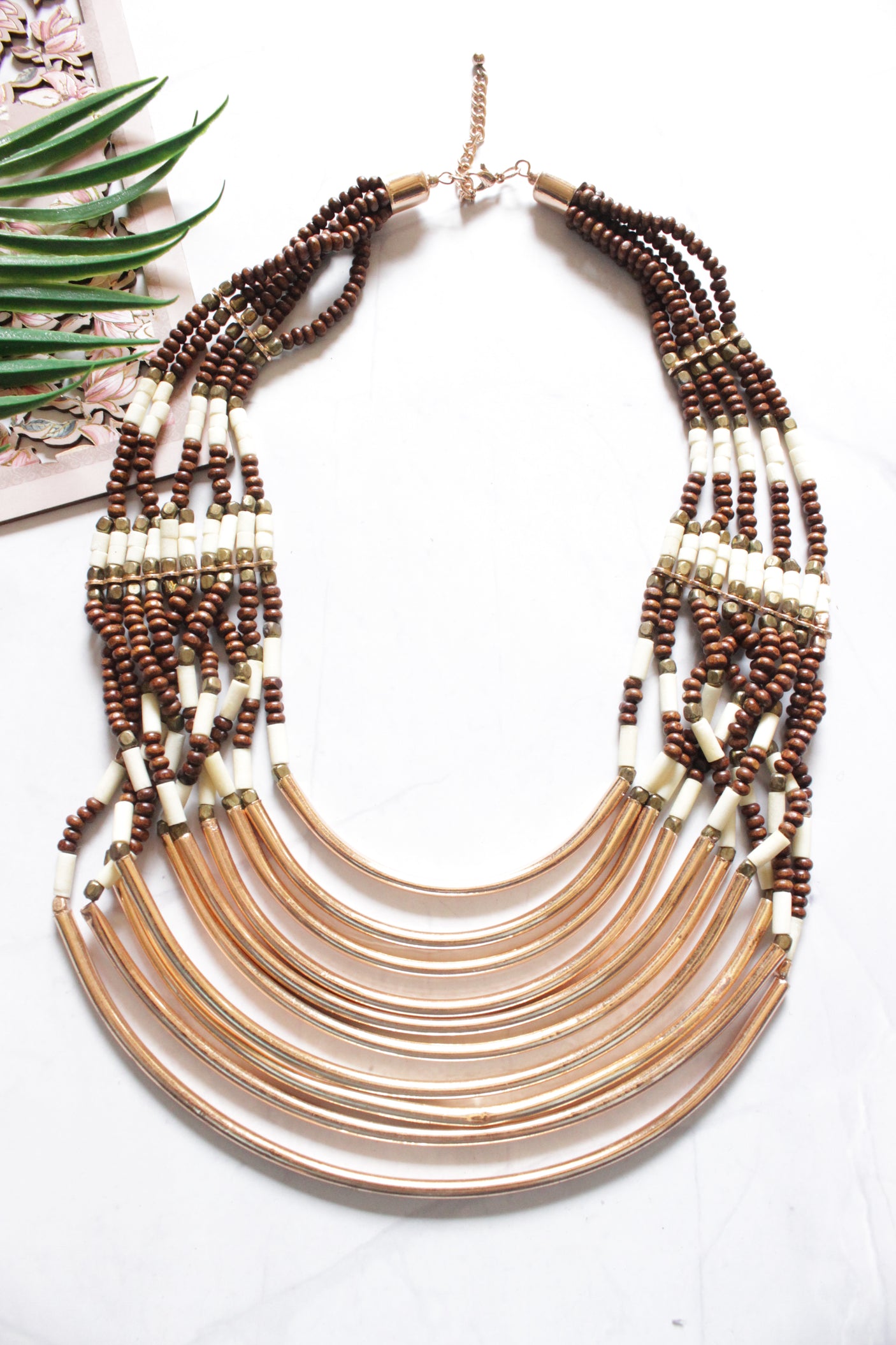 Ivory and Brown Wooden Beads and Copper Finish Semi-Circular Metal Accents Handmade Necklace