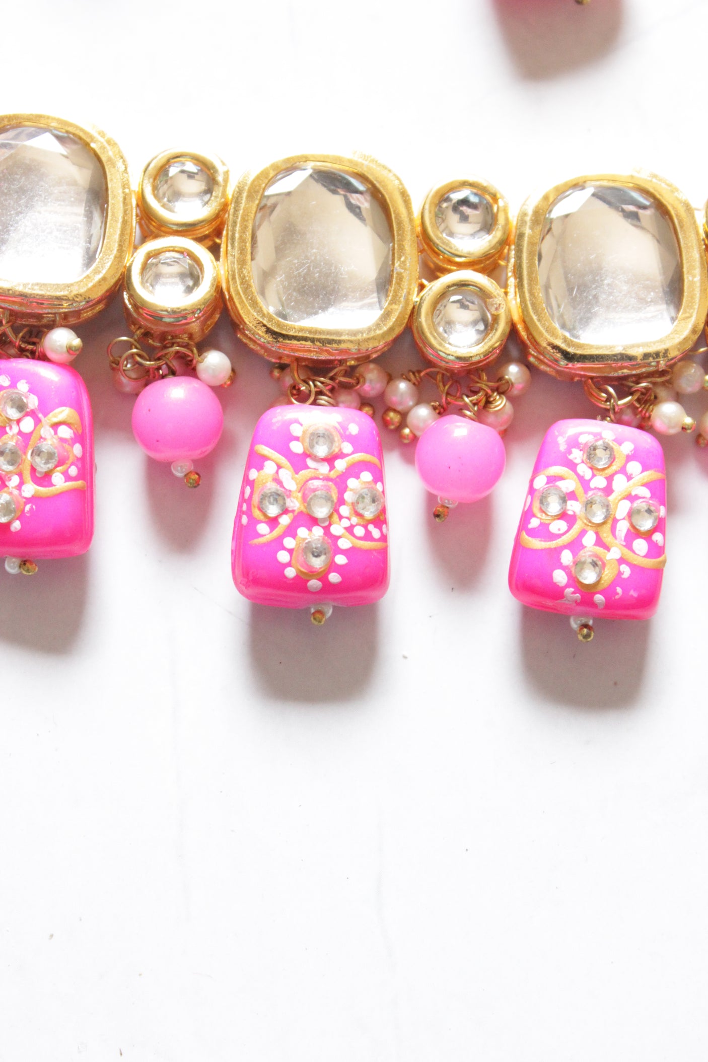 Gold Toned Kundan Work and Pink Hand Painted Acrylic Beads Braided Beads Choker Necklace Set