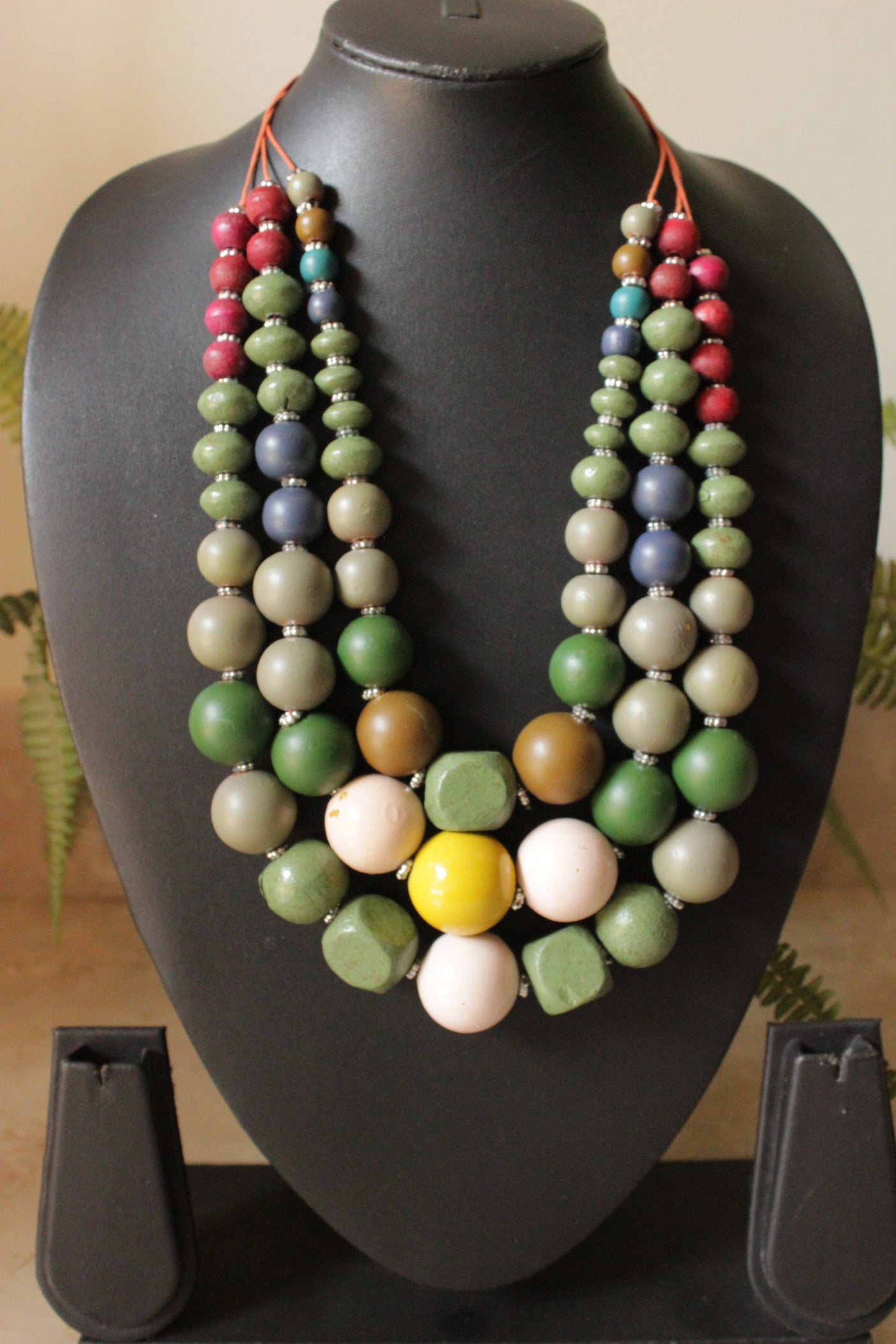 Multi-Color Earthy Tones Wooden Beads 3-Layer Necklace
