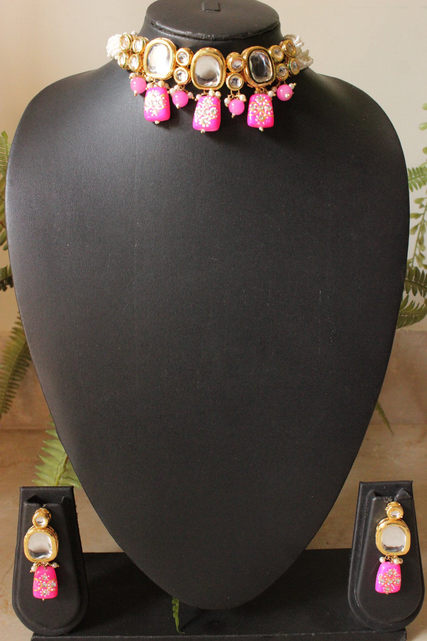 Gold Toned Kundan Work and Pink Hand Painted Acrylic Beads Braided Beads Choker Necklace Set