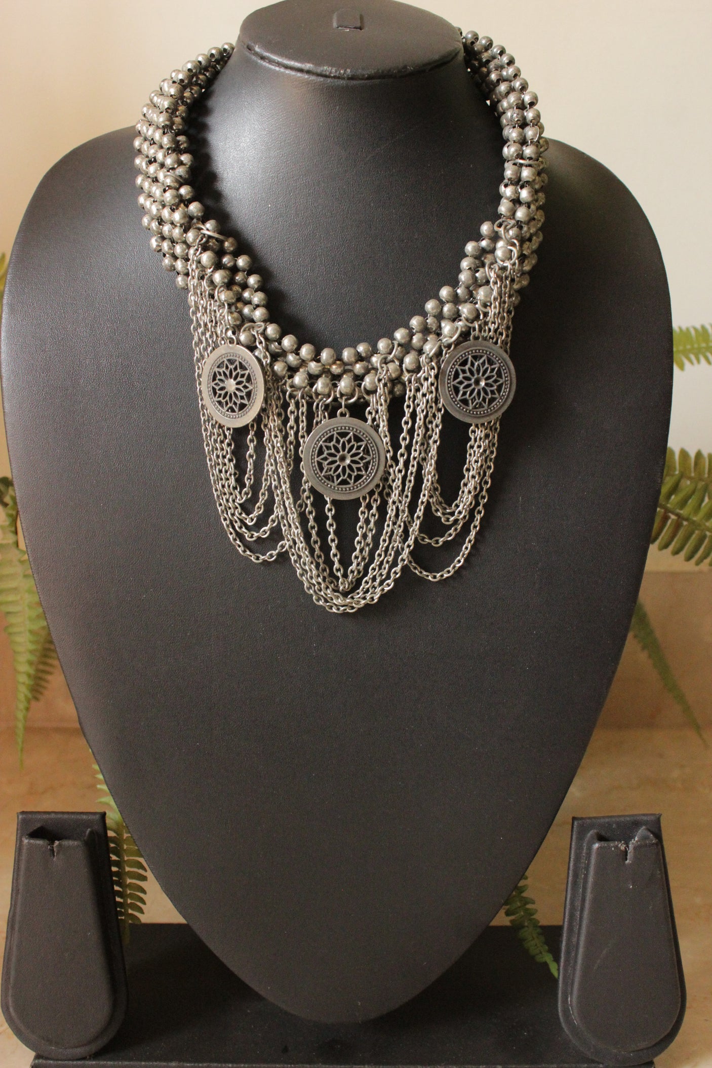 Ghungroo Beads and Metal Chain Strings Oxidised Finished Necklace