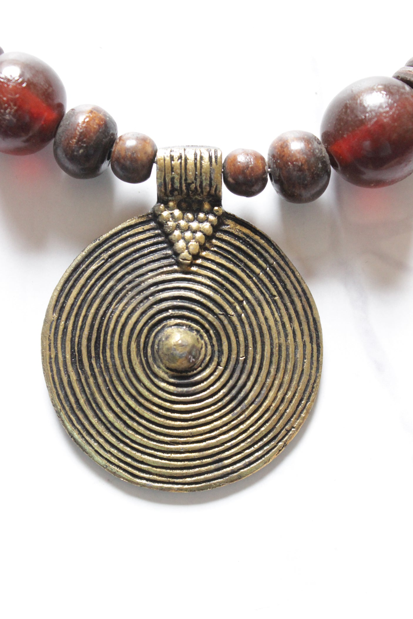 Bronze Finish Circular Pendant and Wooden Beads Necklace