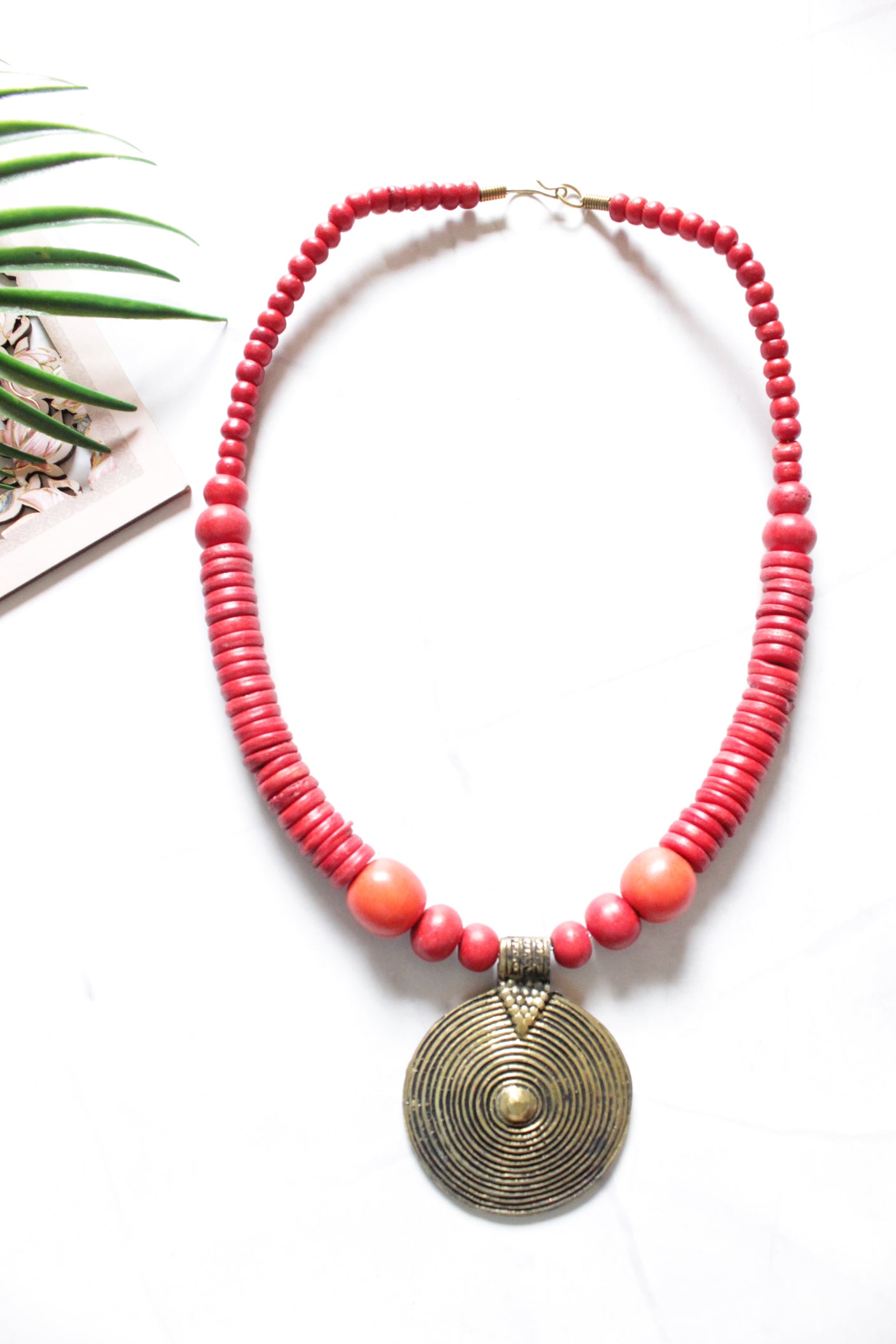 Bronze Finish Circular Pendant and Red Wooden Beads Necklace