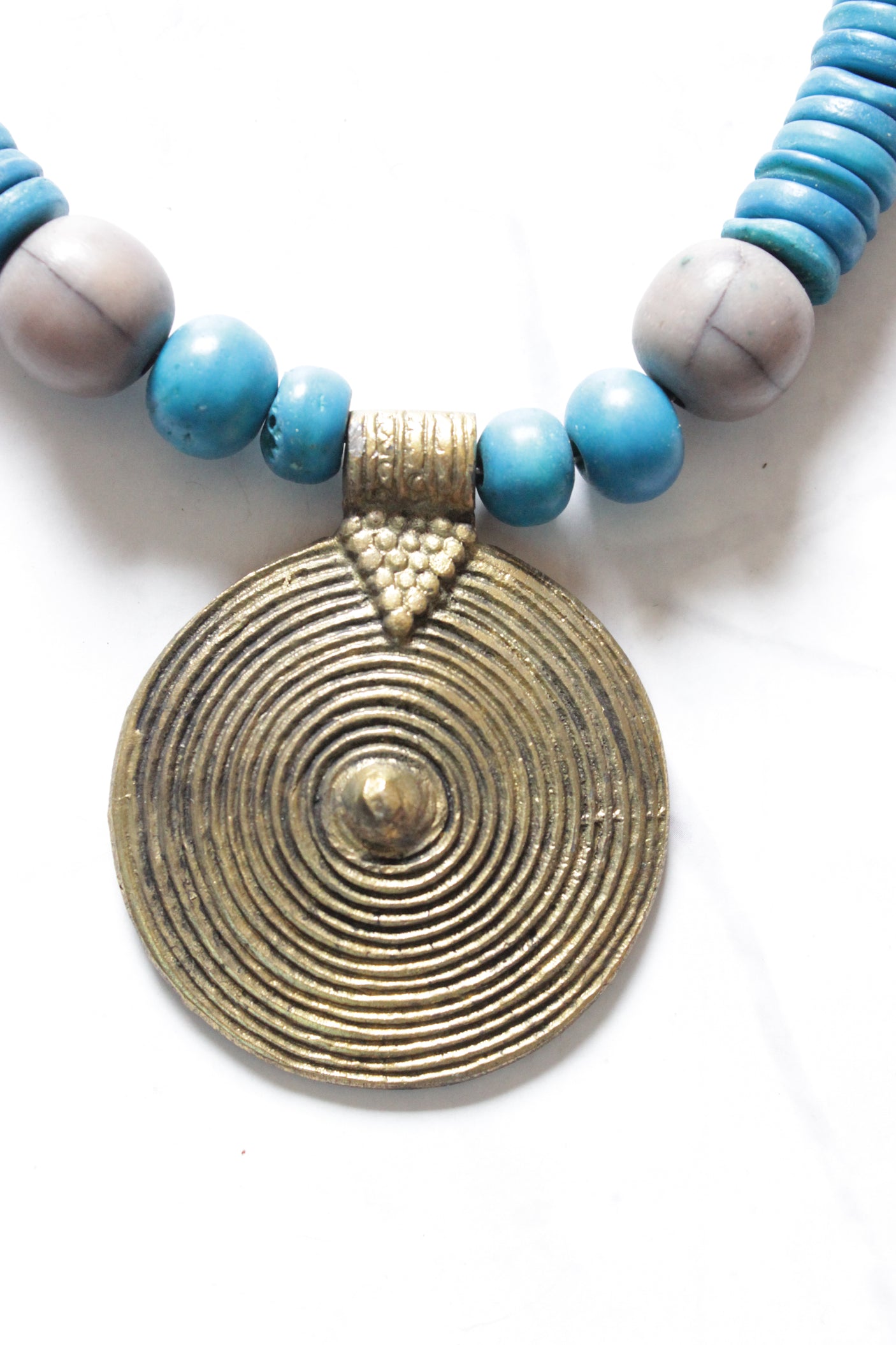 Bronze Finish Circular Pendant and Blue Wooden Beads Necklace