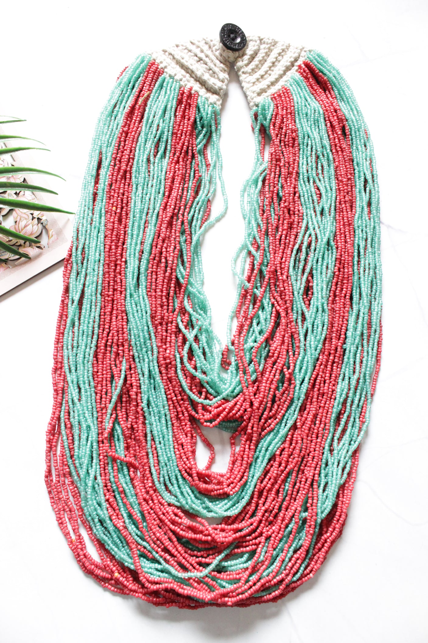 Turquoise and Red Multi-Layer Hand Braided Necklace with Button Closure