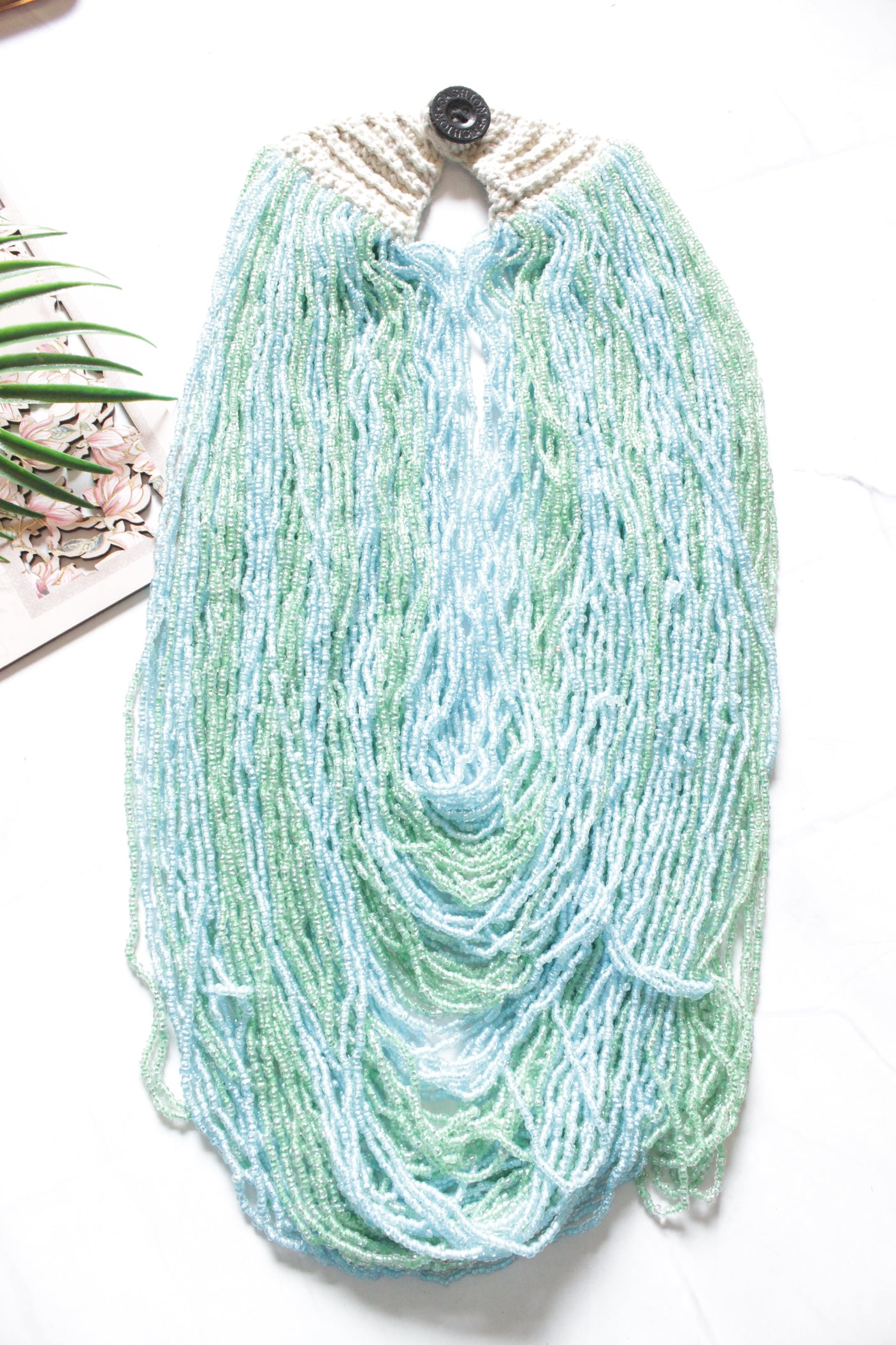 Sea Green and Blue Multi-Layer Hand Braided Necklace with Button Closure