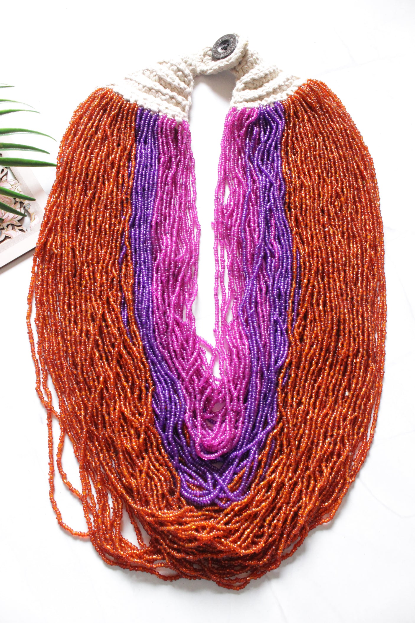 Shades of Purple and Orange Multi-Layer Hand Braided Necklace with Button Closure