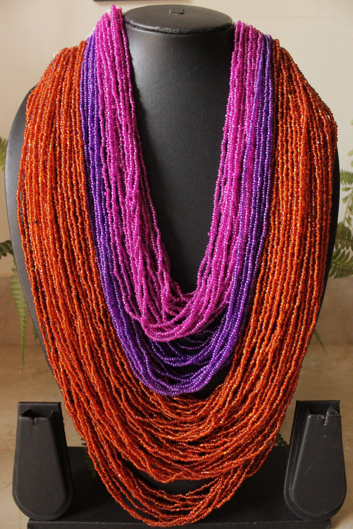 Shades of Purple and Orange Multi-Layer Hand Braided Necklace with Button Closure