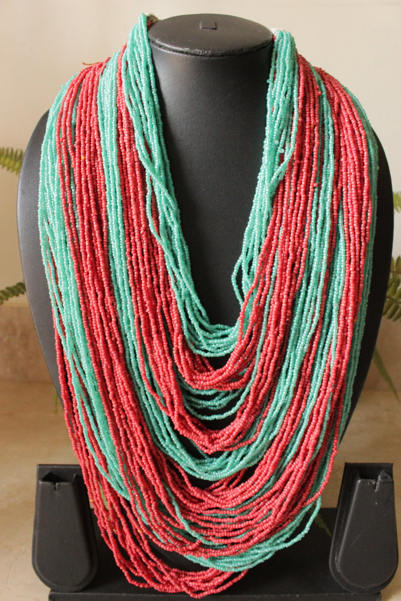 Turquoise and Red Multi-Layer Hand Braided Necklace with Button Closure