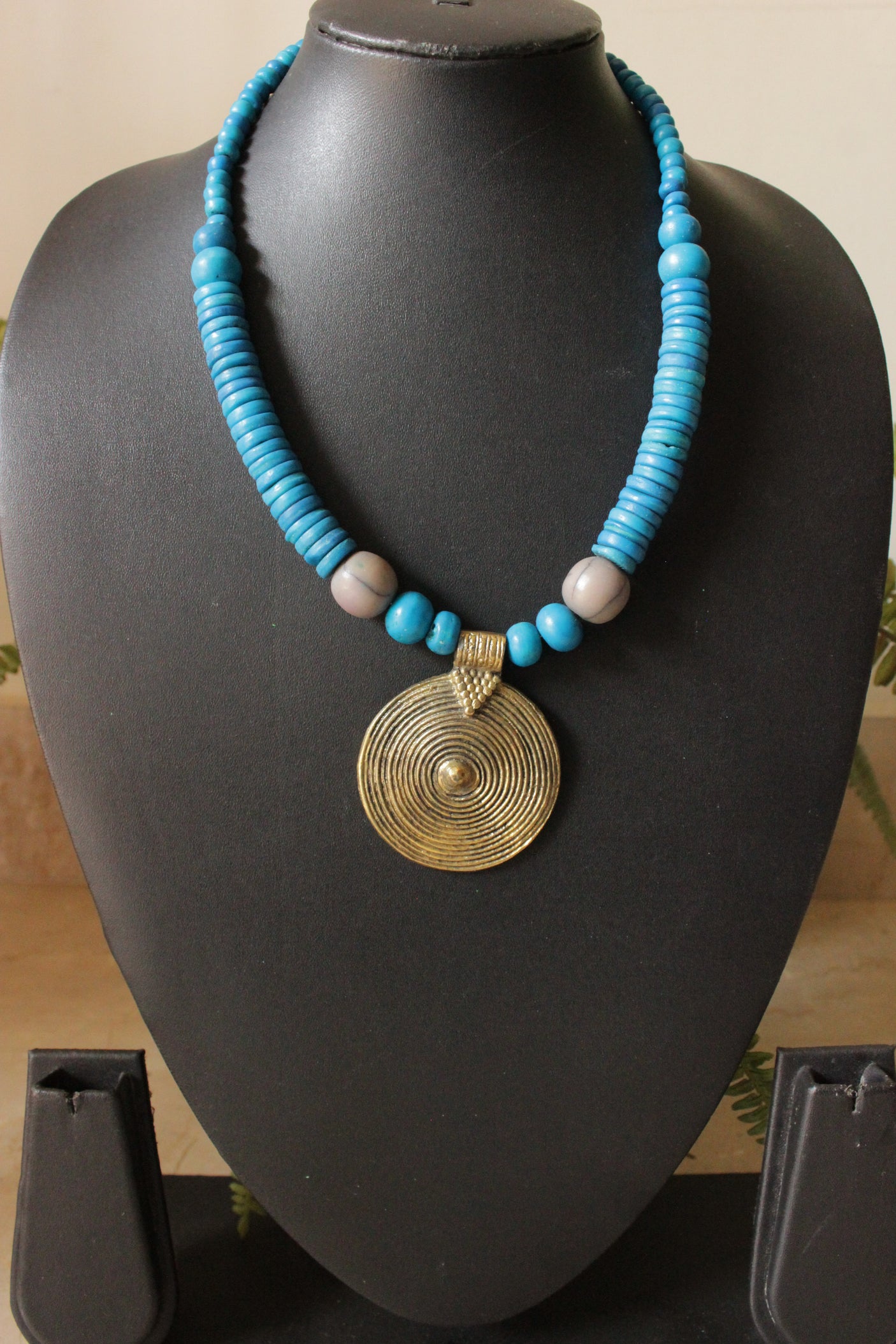 Bronze Finish Circular Pendant and Blue Wooden Beads Necklace