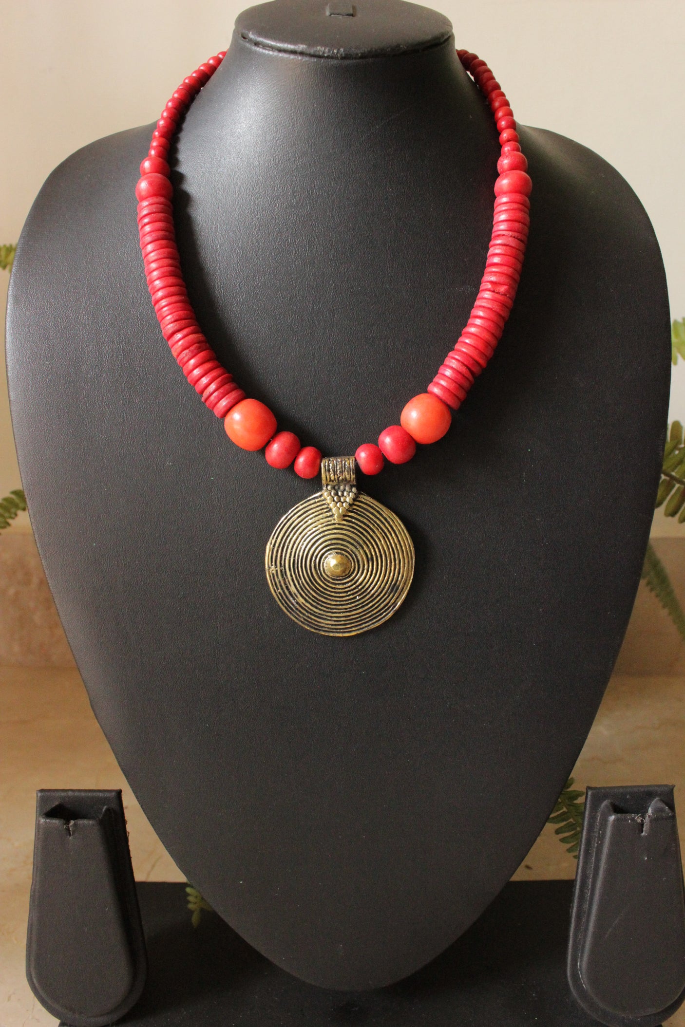 Bronze Finish Circular Pendant and Red Wooden Beads Necklace