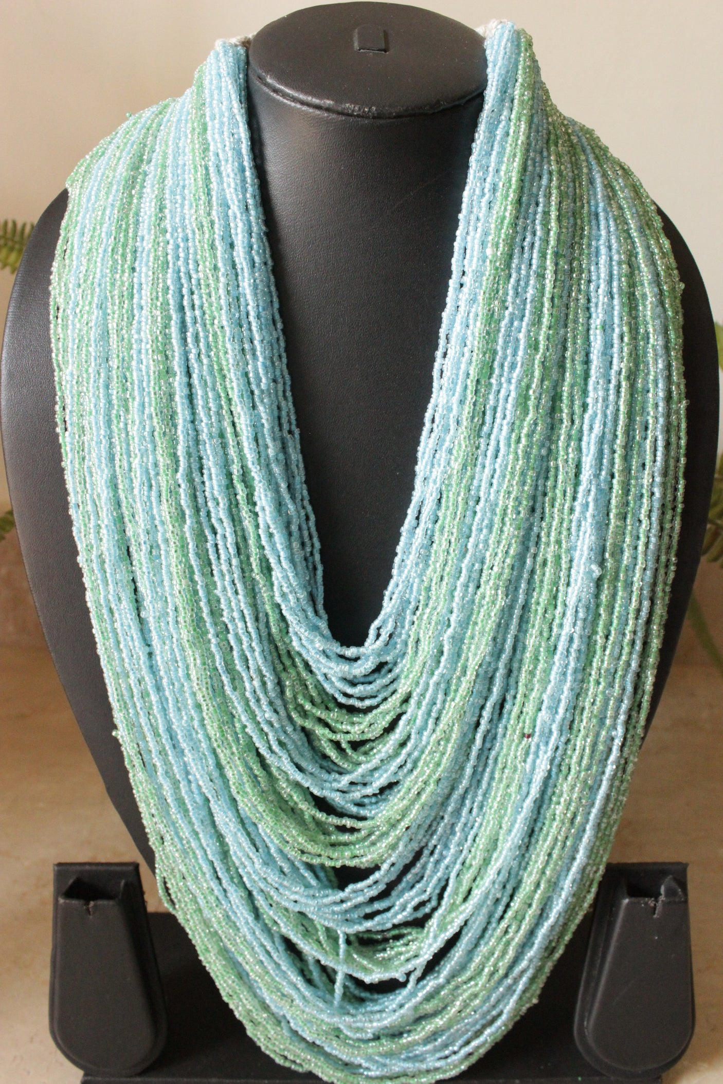 Sea Green and Blue Multi-Layer Hand Braided Necklace with Button Closure