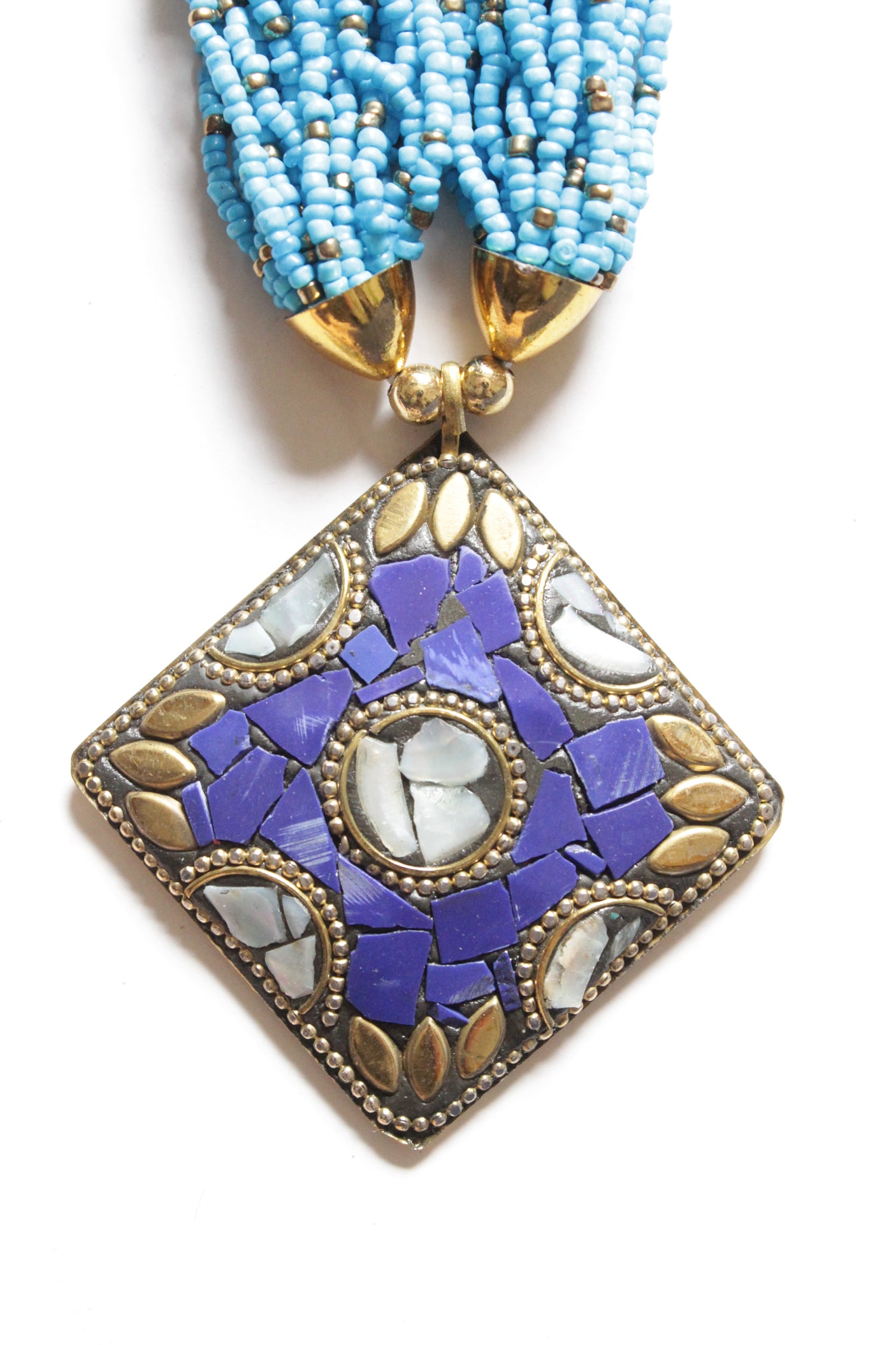 Gold Toned Tibetan Pendant Blue Beads Hand Braided Multi-Layer Necklace