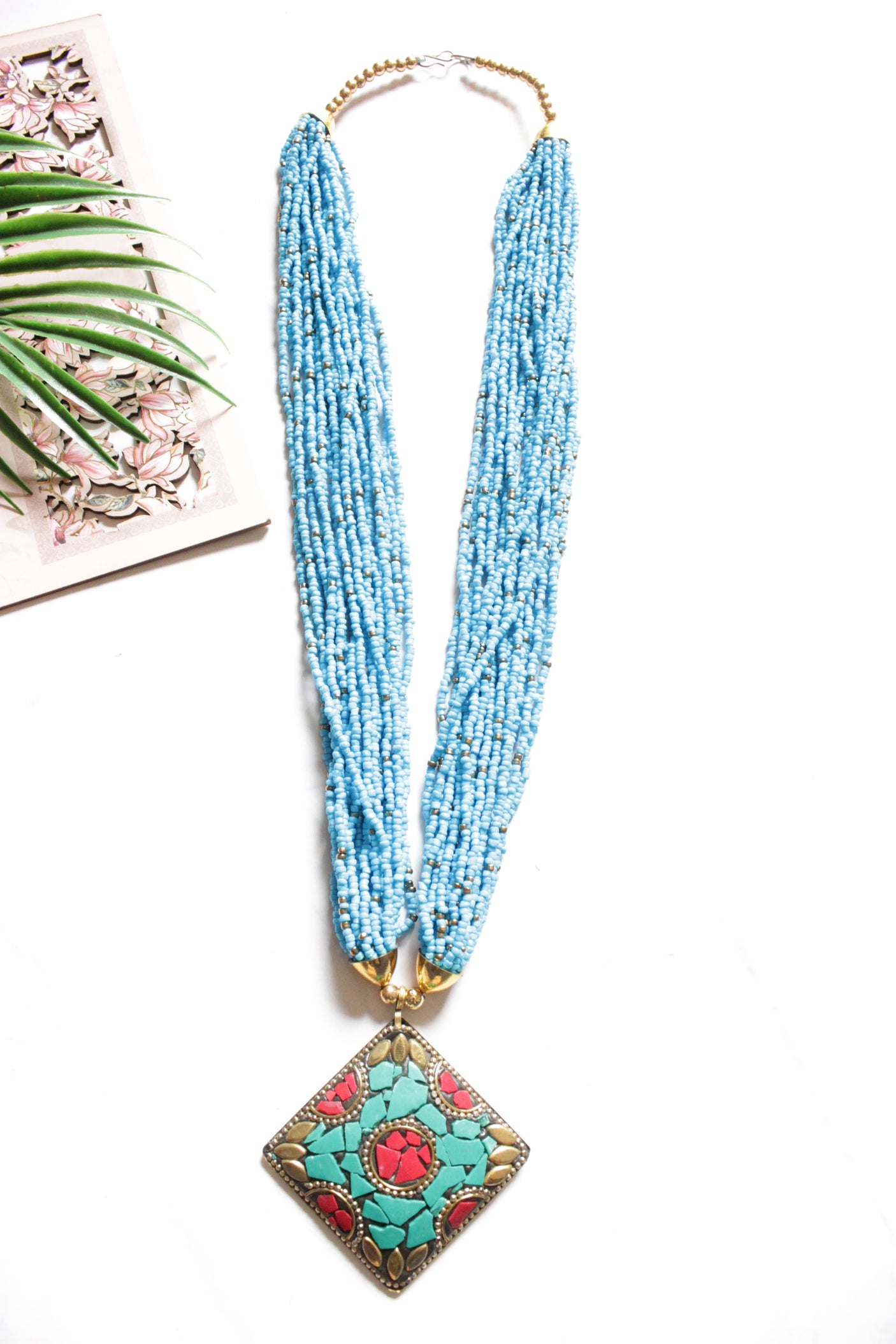 Gold & Turquoise Tibetan Pendant Blue Beads Hand Braided Multi-Layer Necklace