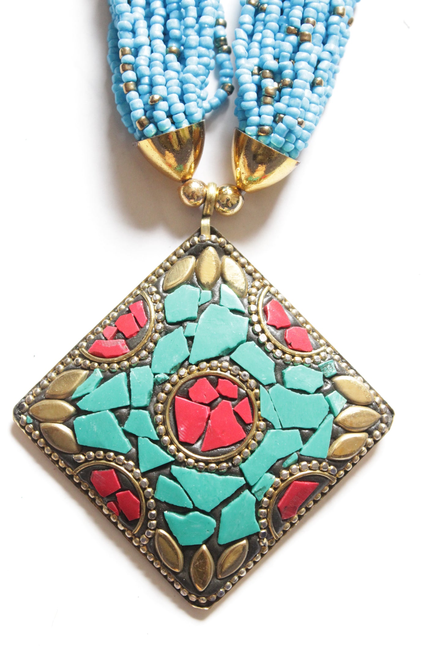 Gold & Turquoise Tibetan Pendant Blue Beads Hand Braided Multi-Layer Necklace