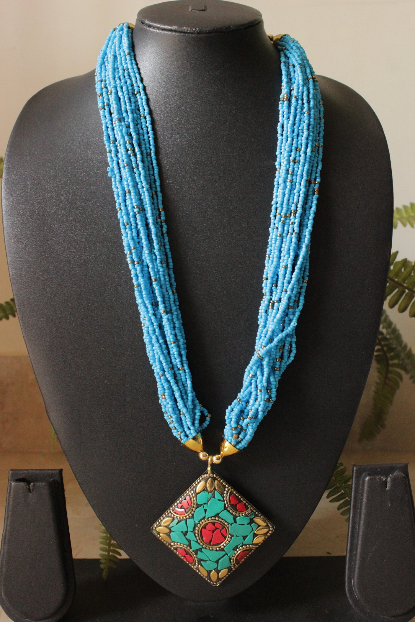 Gold & Turquoise Tibetan Pendant Blue Beads Hand Braided Multi-Layer Necklace