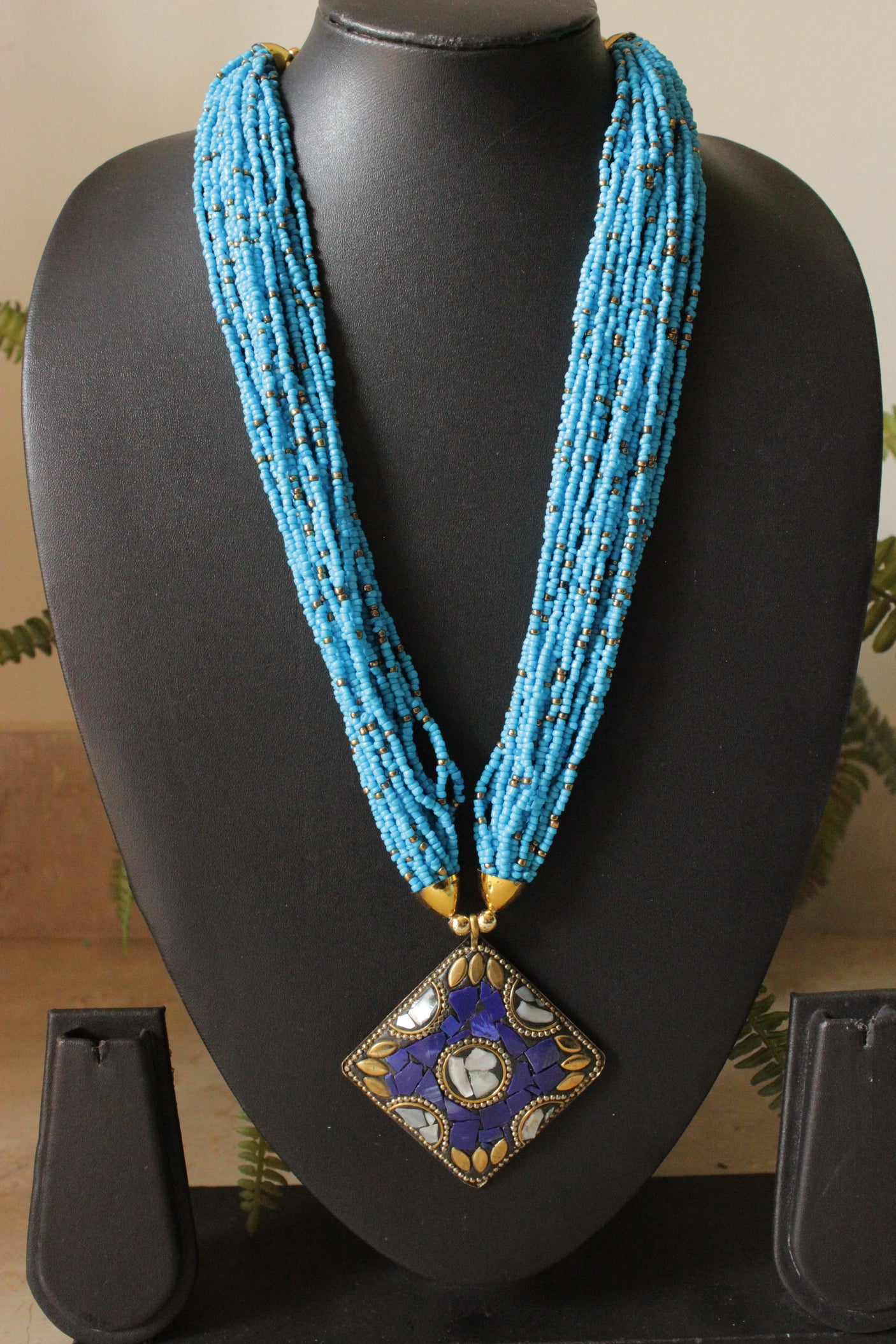 Gold Toned Tibetan Pendant Blue Beads Hand Braided Multi-Layer Necklace