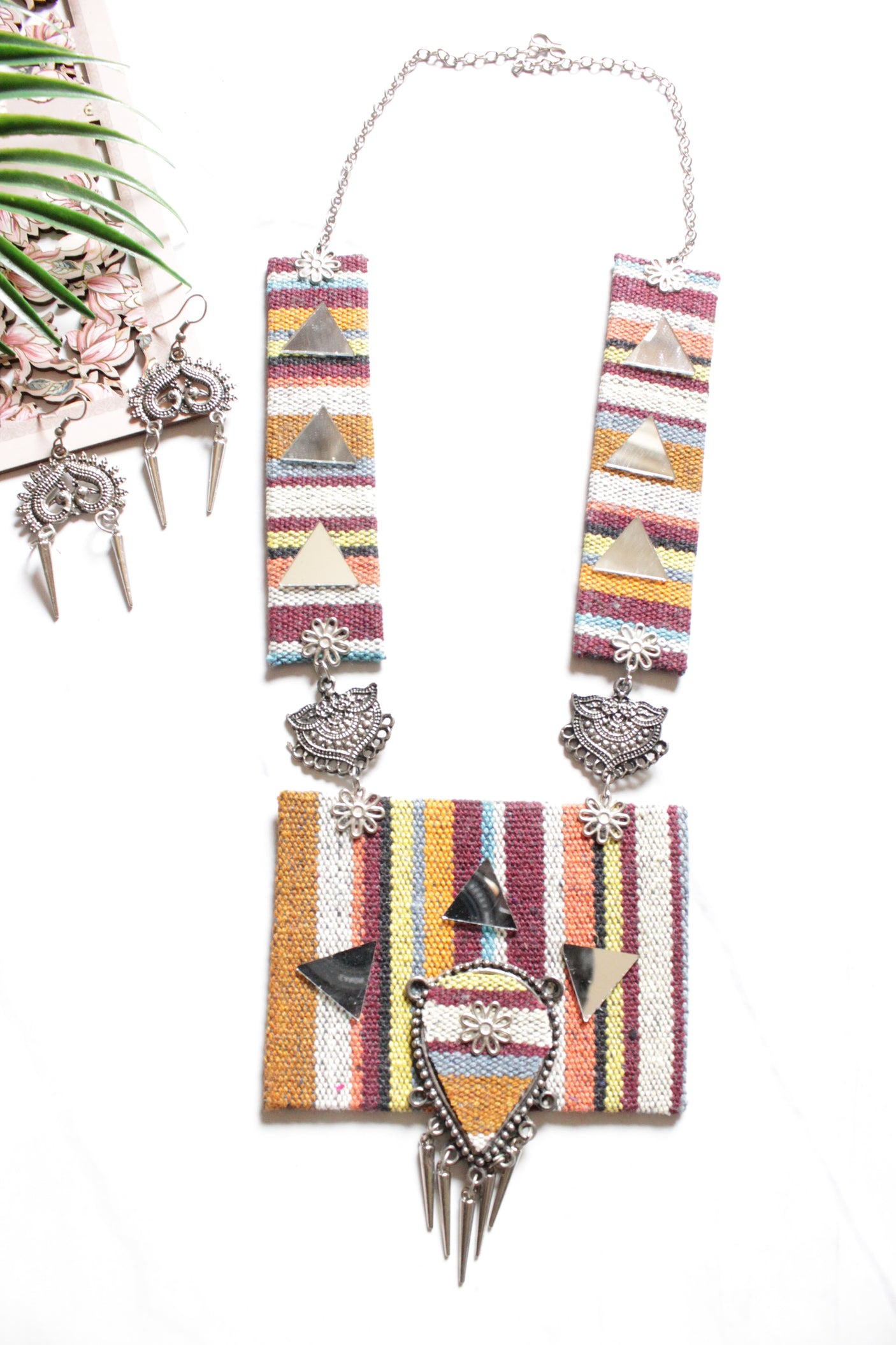 Jute Tribal Fabric Necklace Set Embellished with Oxidised Silver Metal Charms and Mirrors